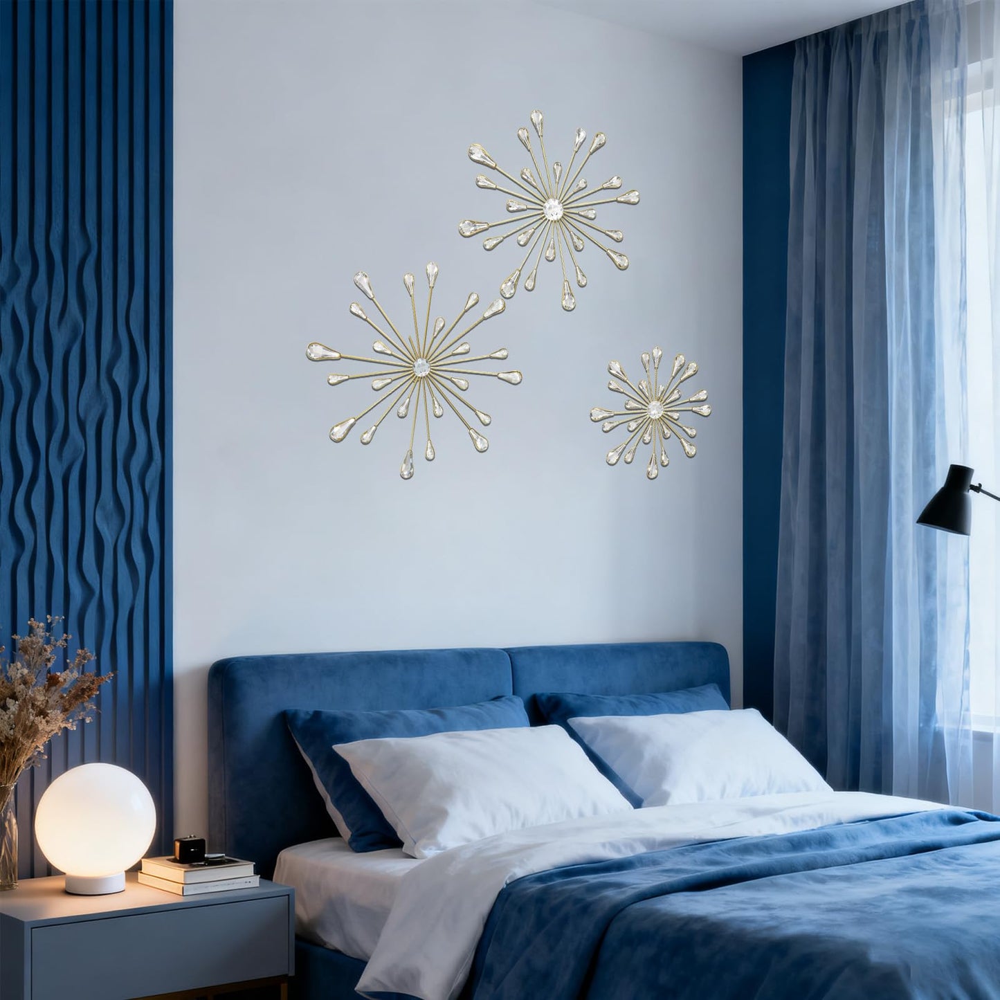 PEDOBALI 5 Pcs Starburst Wall Decor Radial Metal Artwork Gold Bling Wall Art Crystal Teardrop Modern Accent Sculptures Decorations 3D Hanging Rhinestone for Office Home Living Room Bedroom