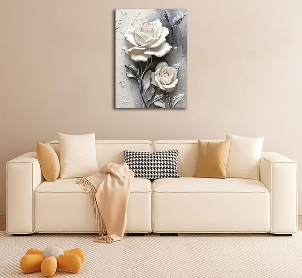 Elegant White Rose Canvas Wall art Modern Abstract Floral Wall Decor Picture White Blooming Flowers Poster Print Painting for Office Living Room Bedroom Bathroom Home Decorate Prepare To Hang