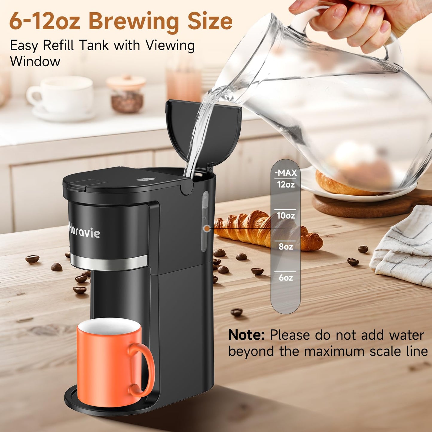 Horavie Small Single Serve Coffee Maker, Fast Brew One Cup Coffee Machine for K Cup and Grounds, 6 to 12 oz. Brew Sizes, Pod Coffee Maker with Descaling Reminder and Viewing Tank, Black