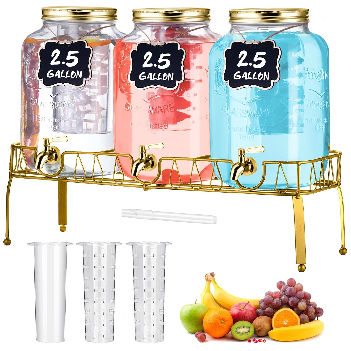 Lallisa 3 Pcs 2.5 Gallon Beverage Dispensers for Parties Glass Drink Water Dispenser with Stand Stainless Steel Leakproof Spigot Ice Cylinder Hanging Chalkboard Signs Pen(Gold)