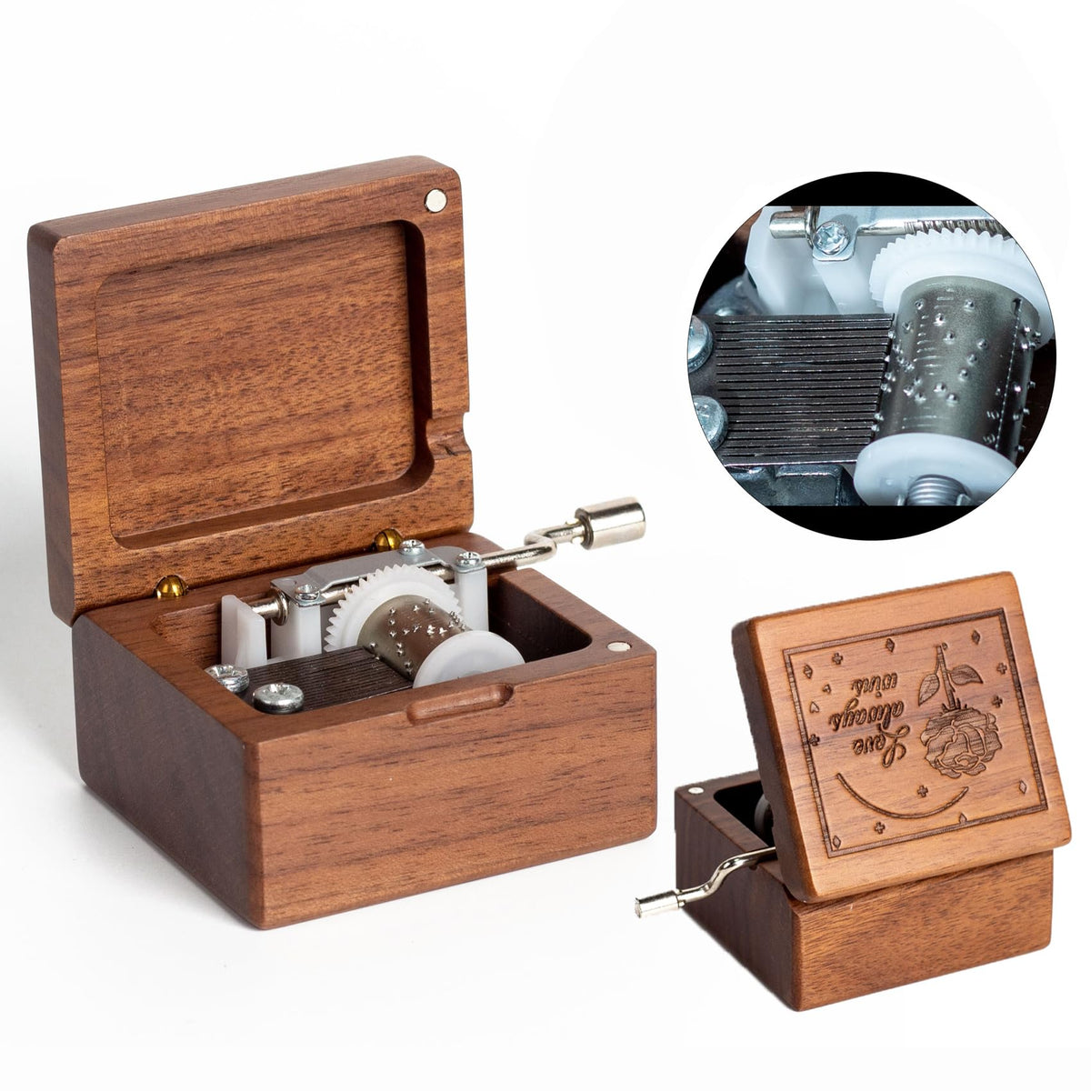 DANVON Hand Crank Solid Wood Music Box,Antique Engraved Musical Boxes Case Christmas Birthday Valentine's Day for Lover, Boyfriend, Girlfriend, Husband, Wife(Walnut Wood-Rose)
