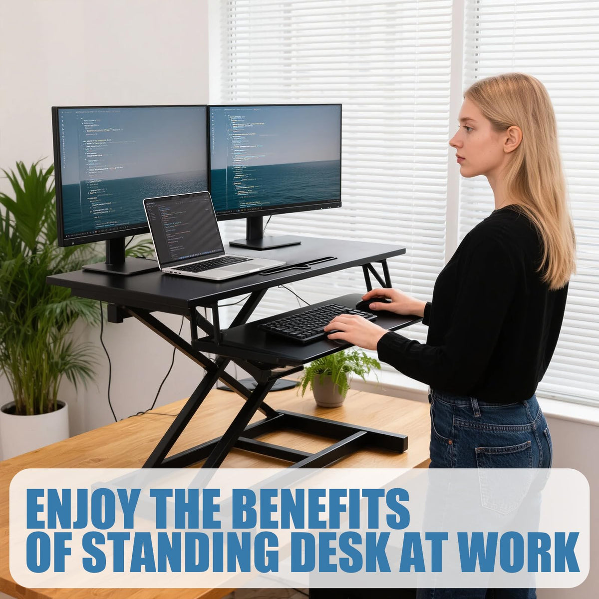 KYDEVO Standing Desk Converter, Height Adjustable Sit to Stand Riser, Dual Monitor and Laptop Workstation with Wide Keyboard Tray, Desk Lifter for Home Office