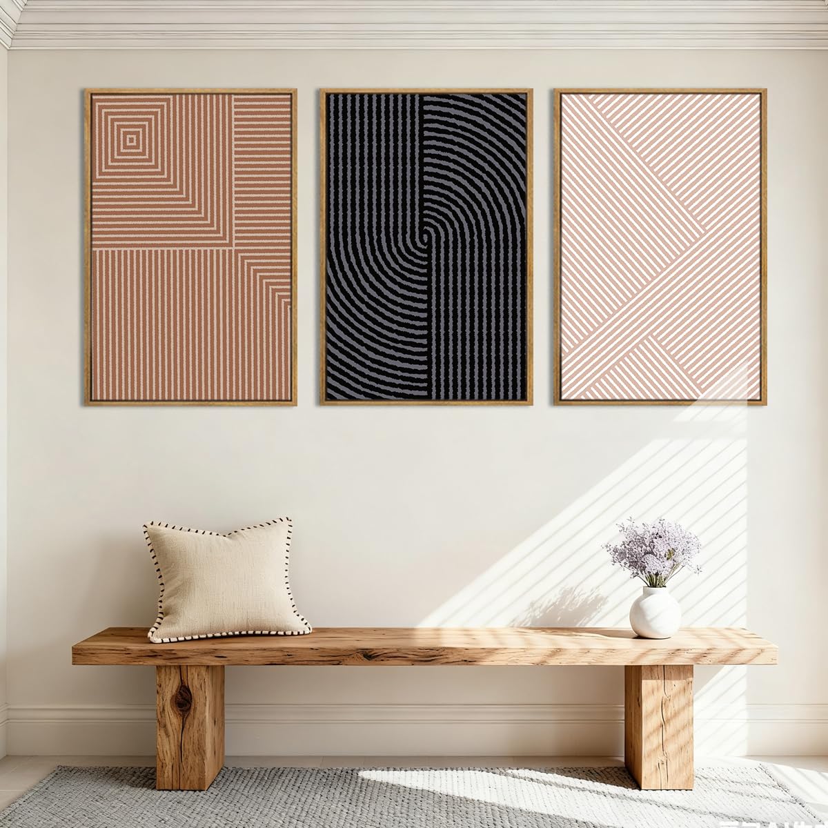 ANHUIB Neutral Abstract Modern Canvas Wall Art Set of 3 Framed Black and White Beige Wall Decor Boho Minimalist Artwork for Walls Geometric Line Painting for Living Room Bedroom Office 16x24 Inch