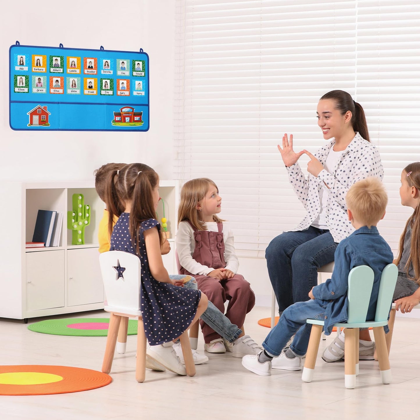 Attendance Pocket Chart for Preschool Classroom Large Wall Organization, Blue Felt Board Pocket Charts for Teachers, Kindergarten Kids Daycare Teaching Supplies, 74 Cards with 78 Magic Hooks