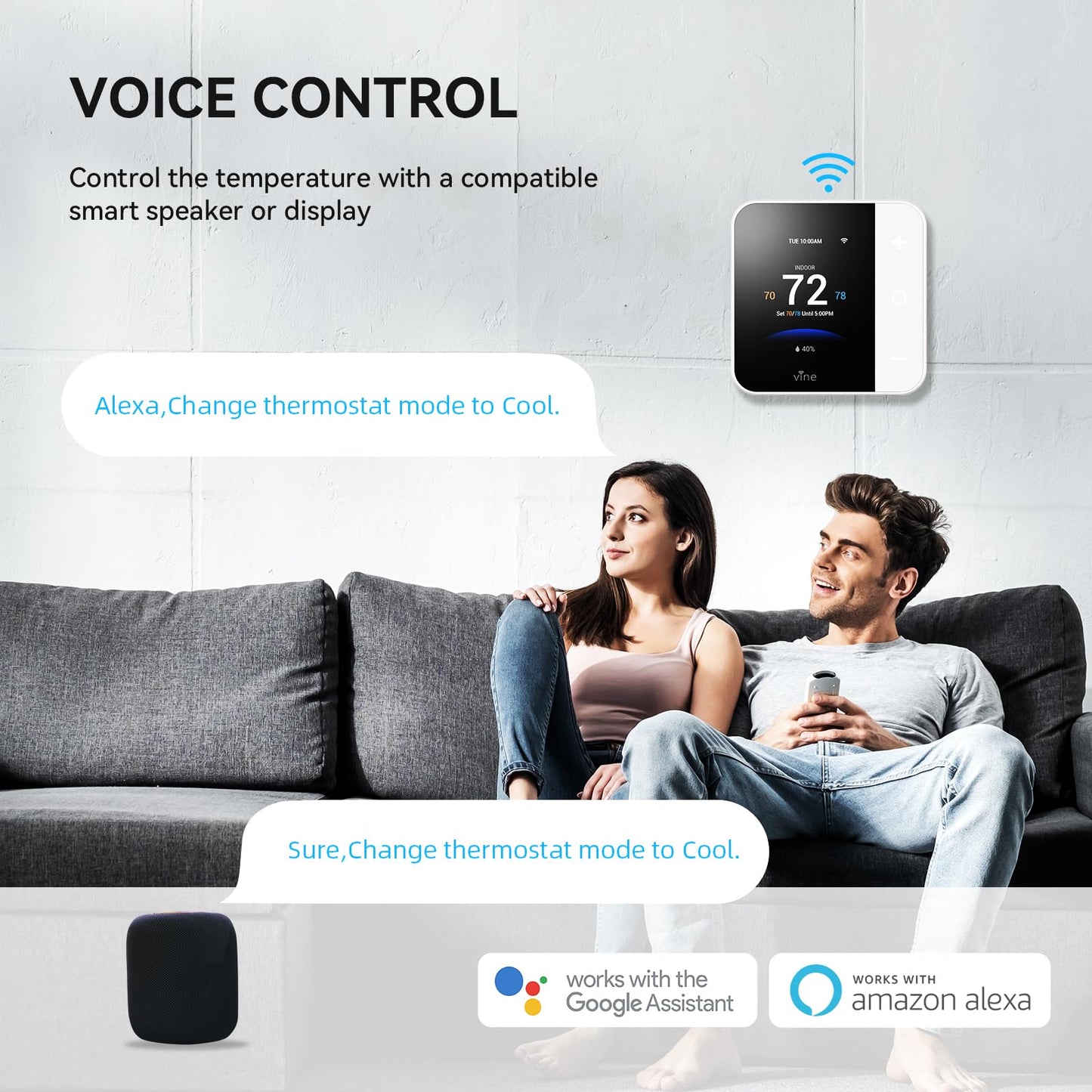 Vine Thermostat for Home with Touchscreen Color Display, WiFi Smart Thermostat Compatible with Alexa and Google Assistant, 7day/8period Programmable, Energy Saving, C-Wire Required, Screen Size 2.8"