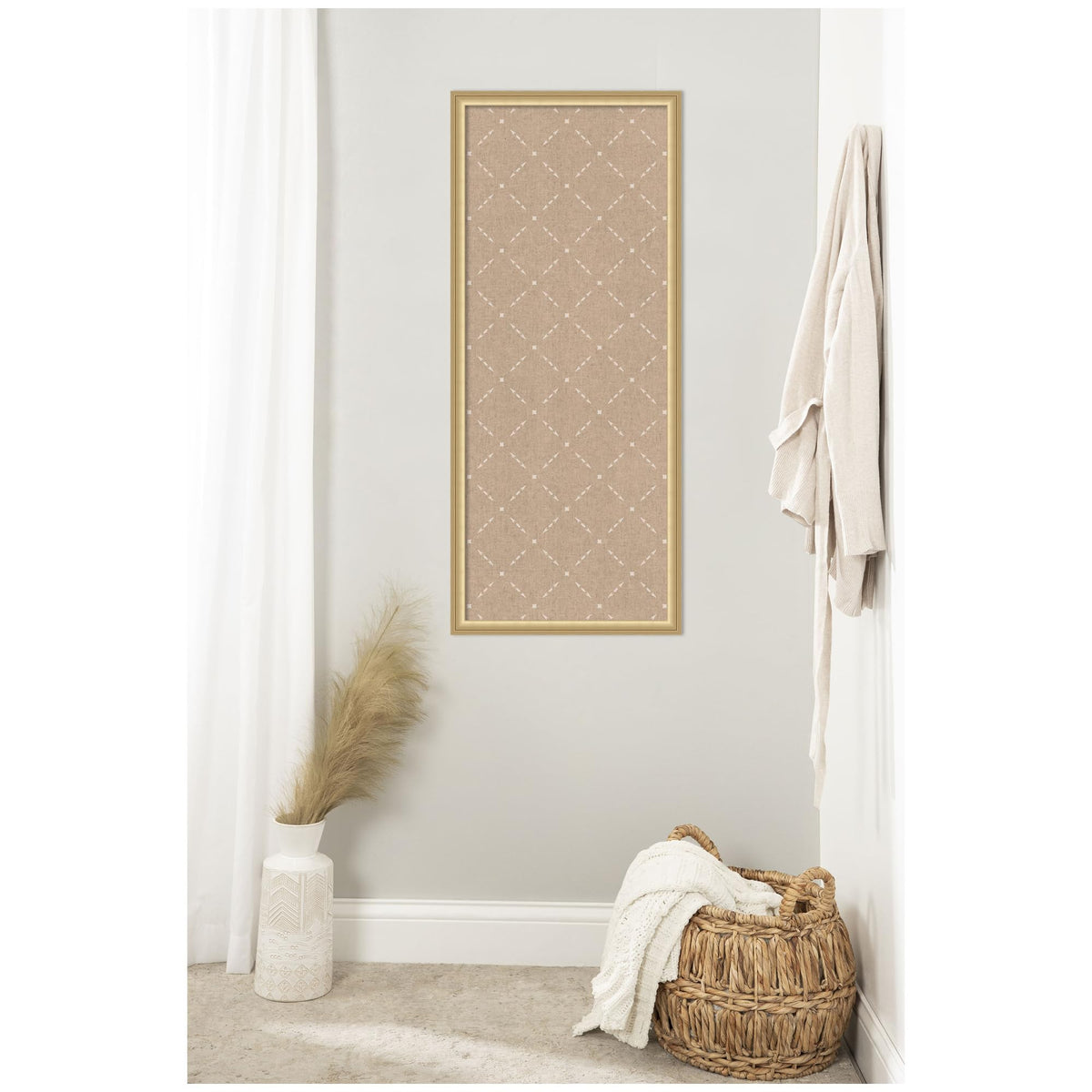 Kate and Laurel Framed Fabric Pinboard 18 x 42, Beige Lattice Pattern Printed Linen Classic Bulletin Board for Use as a Vision Board or Wall Organization, Florence Gold Frame