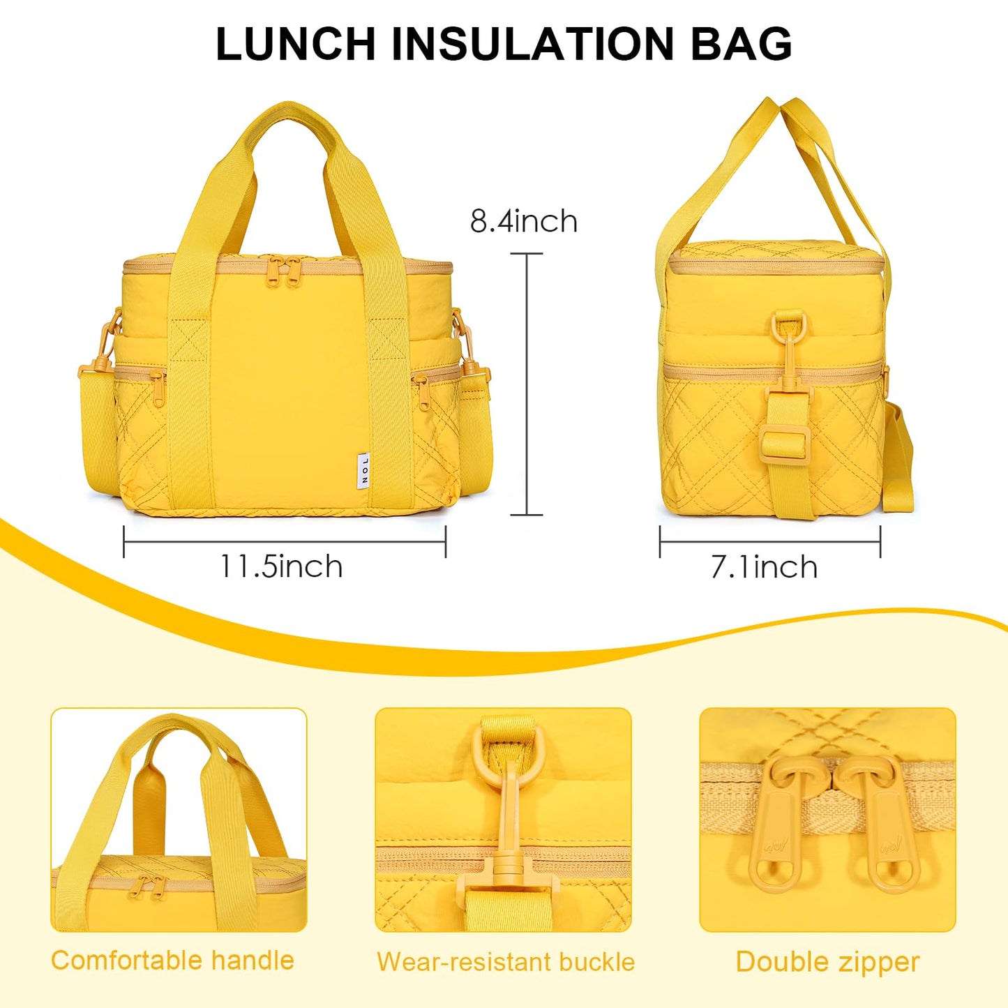 NOL Natural Organic Lifestyle Women's Nylon Lunch Cooler Cute Quilted Lunch Bag Large Leakproof Insulated Lunch Tote Bag for Work Picnic Travel,Earth-yellow