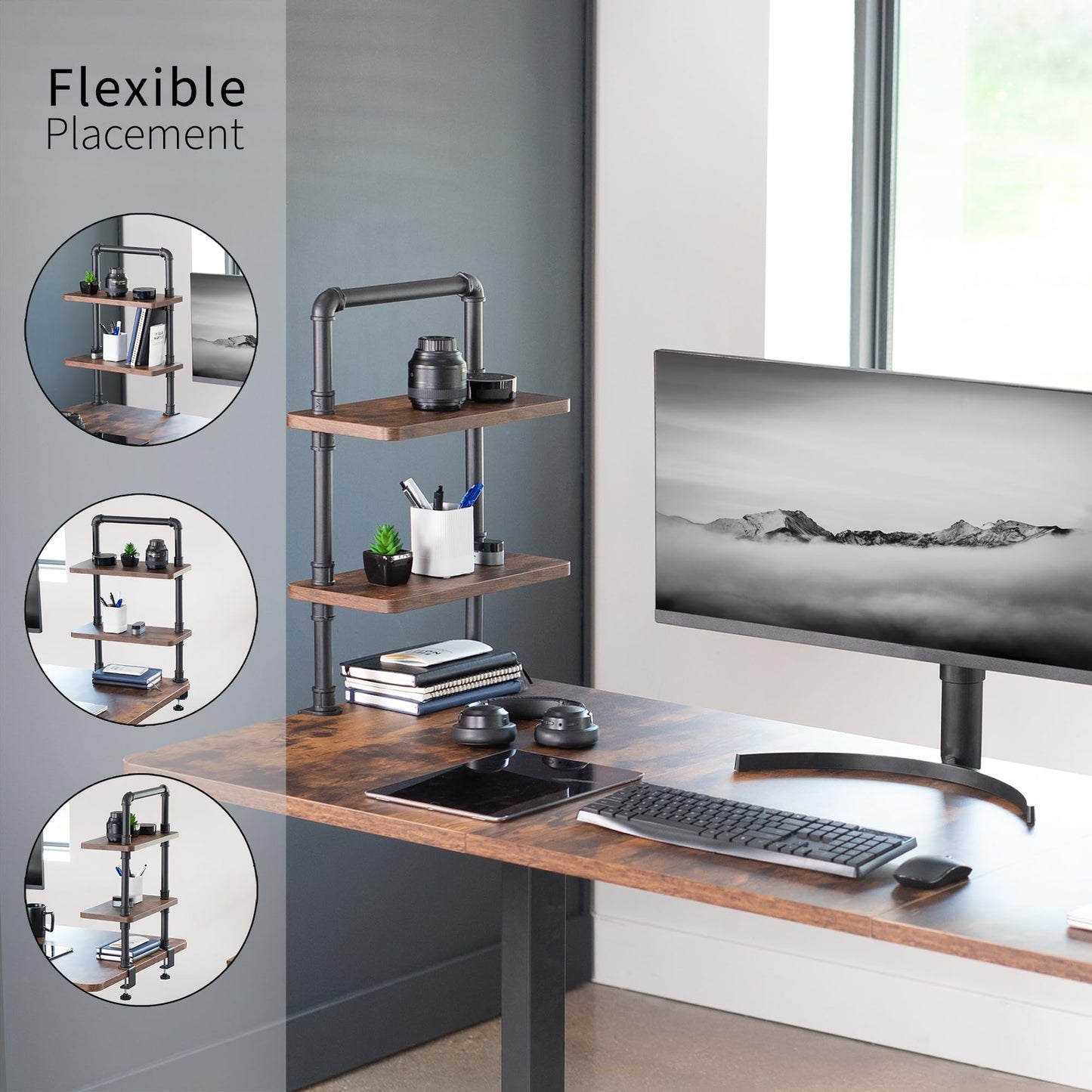 VIVO Clamp-on Premium 16 inch Industrial Pipe 2-Tier Tabletop Shelving, Heavy Duty Desk Extension Organizer, Modern Desktop Display Shelf, Rustic Vintage Brown Shelves, DESK-SHELF16-2N