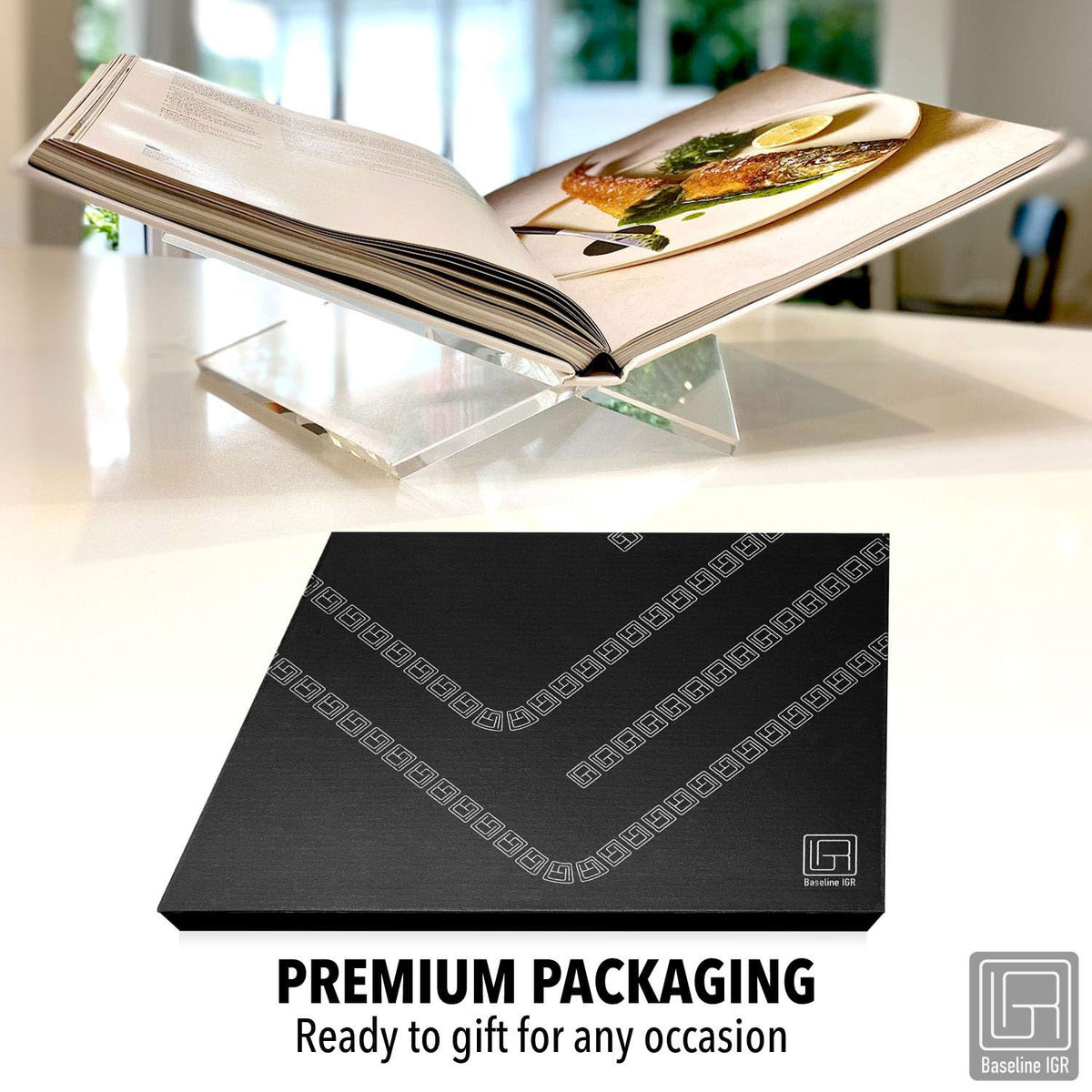 Baseline IGR Large Clear Acrylic Book Stand, 12.5" x 9.5" x 5.5”, Acrylic Book Holder, Open Bookstand for Display and Reading Cookbooks, Art Books, Bibles, Magazines - Home and Office