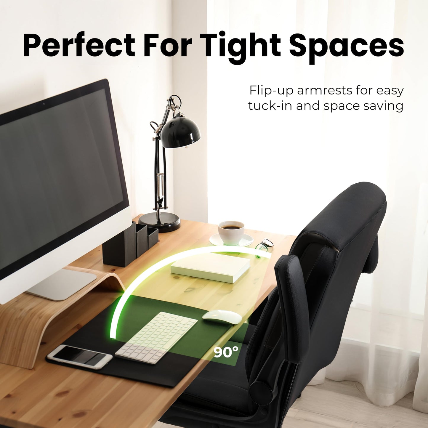 NEO CHAIR Desk Office Gaming Computer Chair Ergonomic Executive Mid-Back Leather with Adjustable Padded Flip-Up Armrests Cushion Wheels Swivel for Home Study Task (Black White)