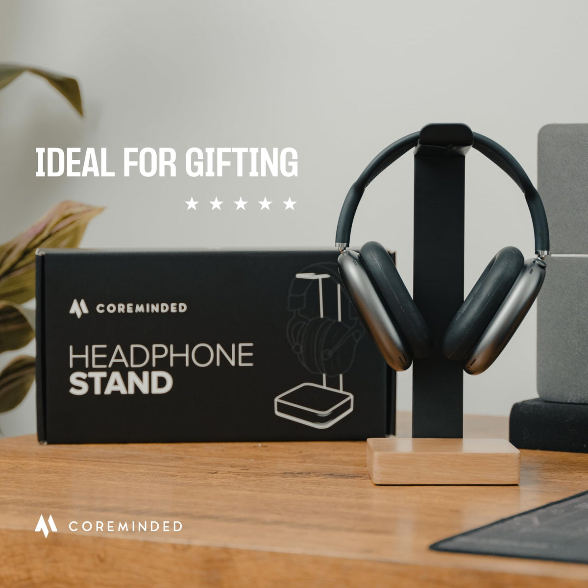 COREMINDED Universal Headphone Stand for Desk, Solid Wood Gaming Headset Stand, Heavy Duty Wooden Headphones Holder, Compatible with Airpods Max and More