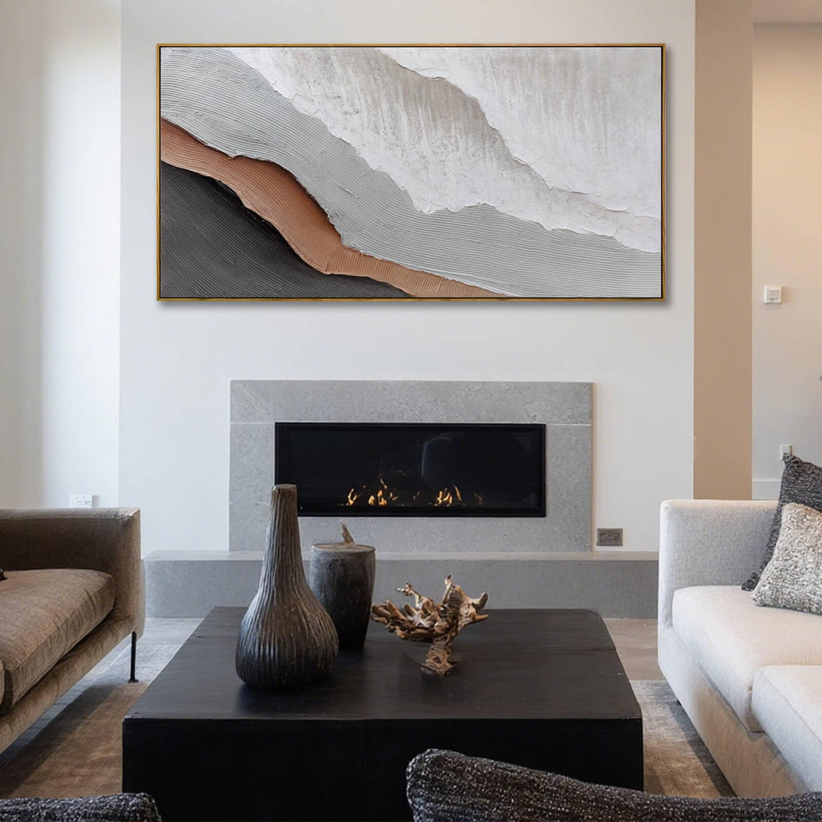Textured White Wall Art,Grey Abstract Artwork,Large Framed Modern Pictures,Wave Landscape Oil Painting 24"x48"for Home Office Gallery