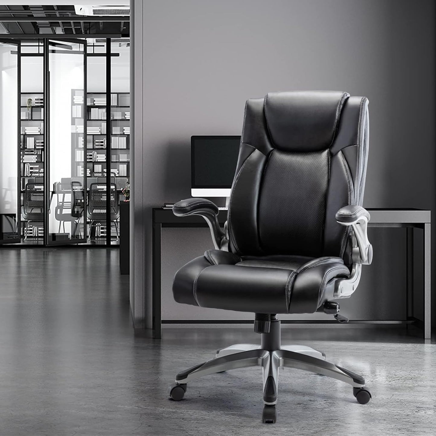 MALOL Executive Office Ergonomic Chair with Thick Bonded Leather, Flip-up Armrests, High Back Adjustable Height and Tilt for Working, Study, Gaming