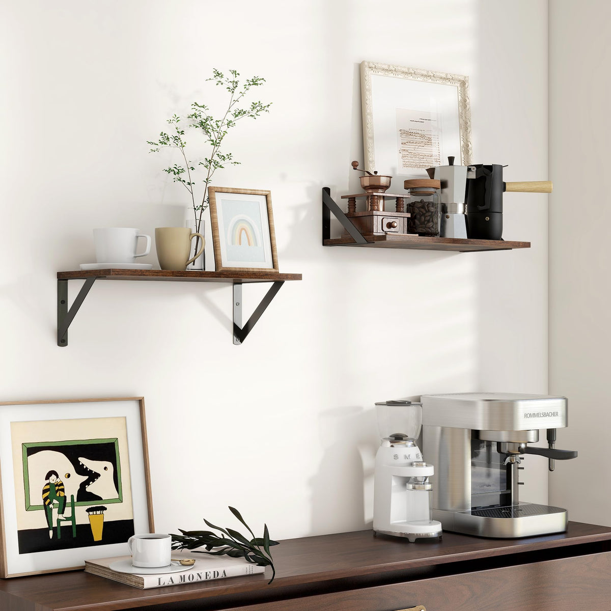 Axeman Floating Shelves for Wall, 8 Inch Deep Brown Wall Shelves Set of 2, 16''W x 8''D Rustic Brown Wood Shelves for Bookshelf Living Room Bedroom Home Office Bathroom