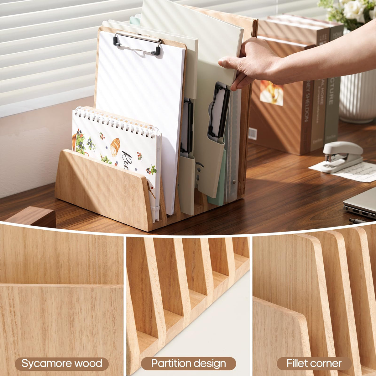 KIRIGEN Desktop File Document Holder Stand 7 Slots Mail Paper Organizer Desk Sorter Holder for File Document Organizer Stand for Home Office Natural (7KWJJ-NA)