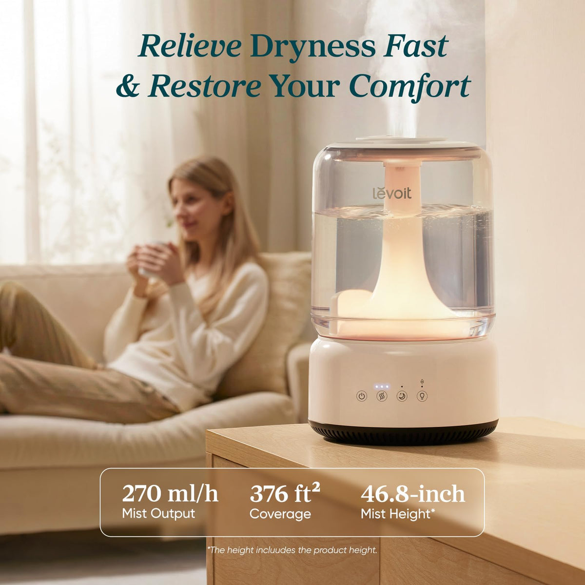 LEVOIT Humidifiers for Bedroom, 4.2L Top Fill for Large Room with 42H Runtime, Dishwasher Safe Design Easy to Clean, 21dB Quiet Cool Mist for Baby, Plants, Night Light, Essential Oil Diffuser, White