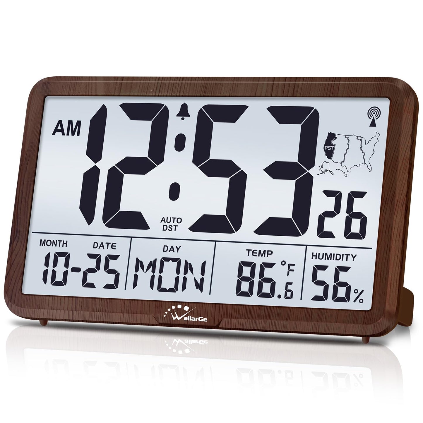 WallarGe Atomic Wall Clock with Backlight, Digital Wall Clock Battery Operated for Classroom, Bedroom, Office, Large Display with Indoor Temperature, Humidity, Date, AUTO DST, 6 Time Zones