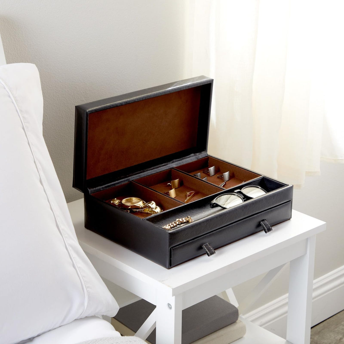 Juvale Mens Jewelry Box Organizer and Holder - Black Watch Box with Leather Valet Tray for Home Improvement - 12.6 x 9 x 4 In - Mens Jewelry Organizer