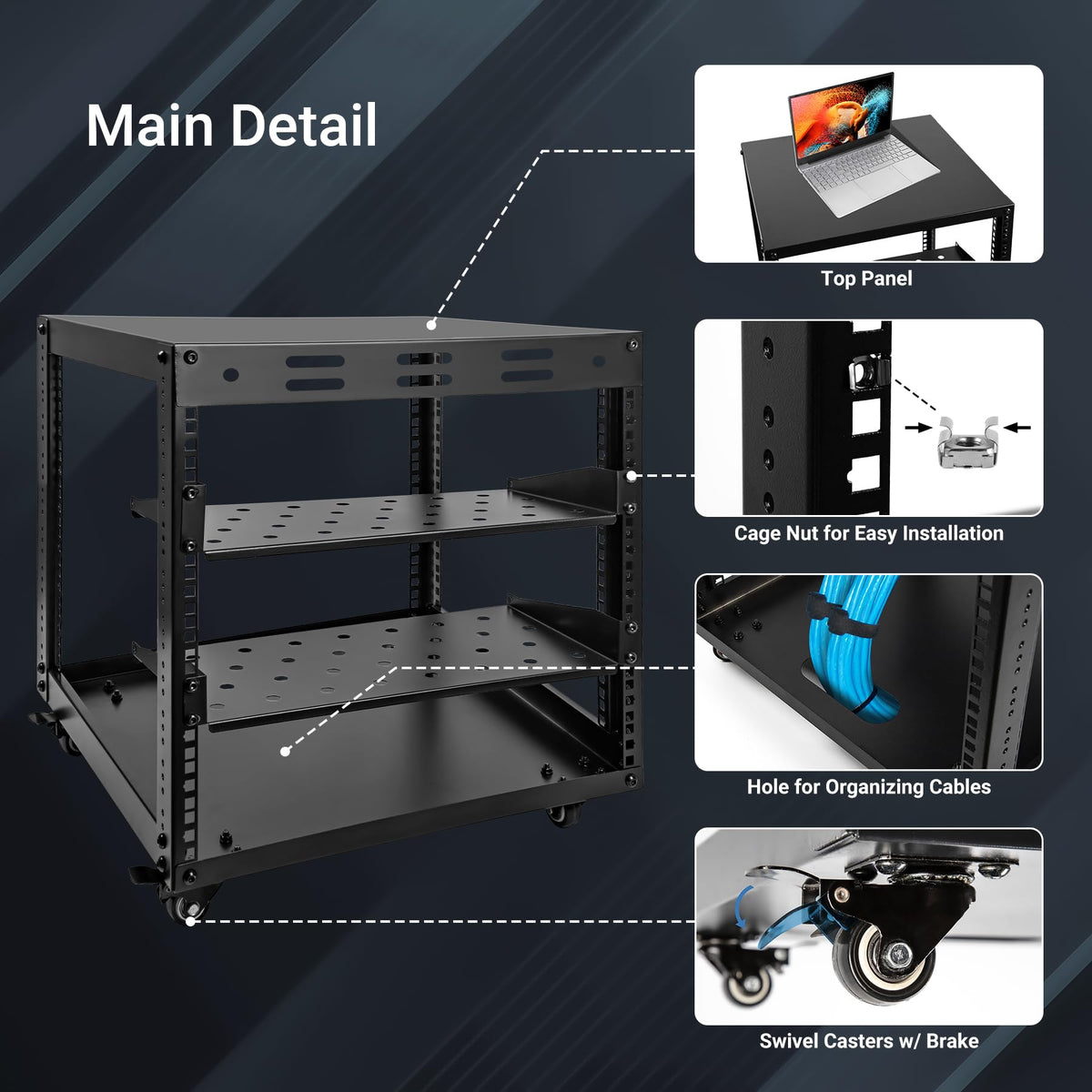 Eastrexon Upgraded 10U Server Rack - 19.7”L x 18.8”W x 23.4”H Open Frame Network Rack, Wall-Mountable & Freestanding with 4 Swivel Casters & 2 Shelves, for Computer/Data/IT/Stereo Equipment, New Model
