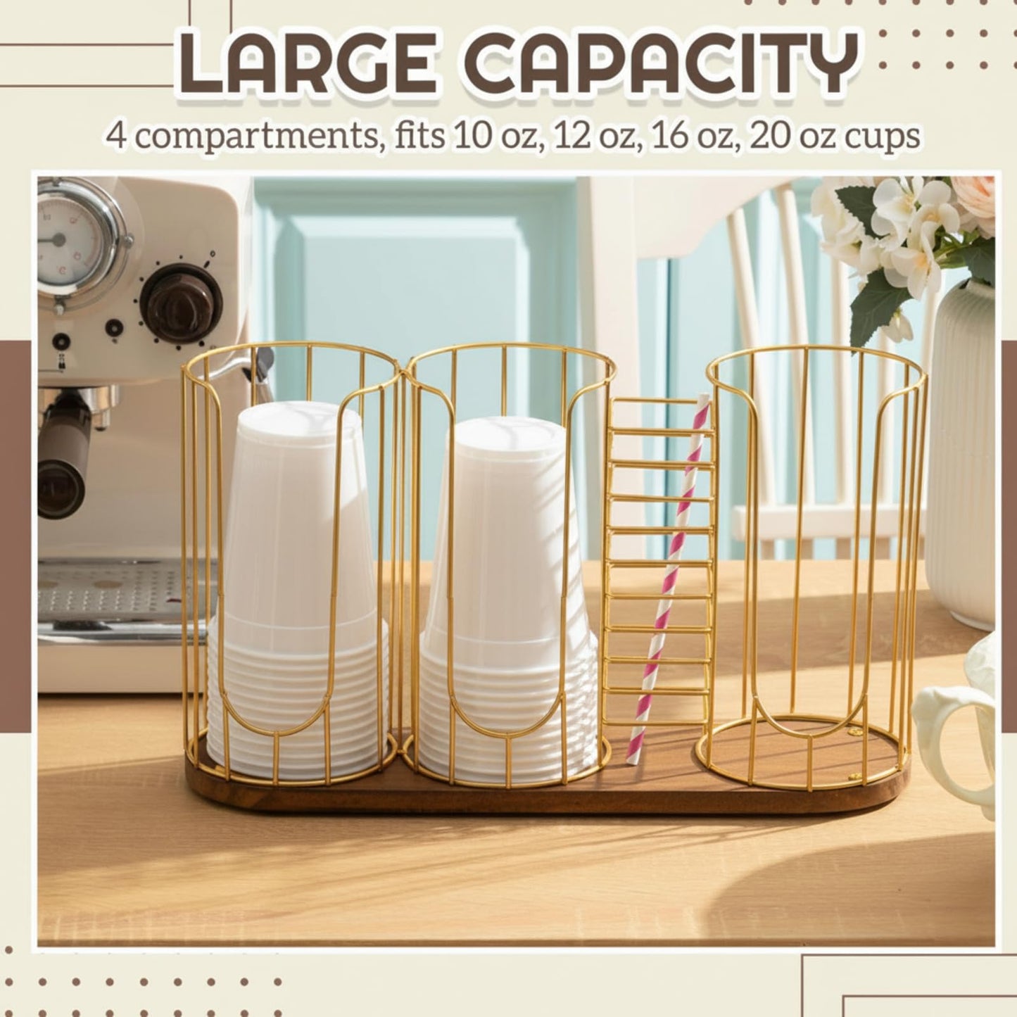 Geelin 18oz Adjustable Coffee Cup Dispenser, Cup Holder Organizer for Storing Paper Cups, Straws, Lids and Disposable Tableware(4-compartment Single Layer,Brown and Gold)