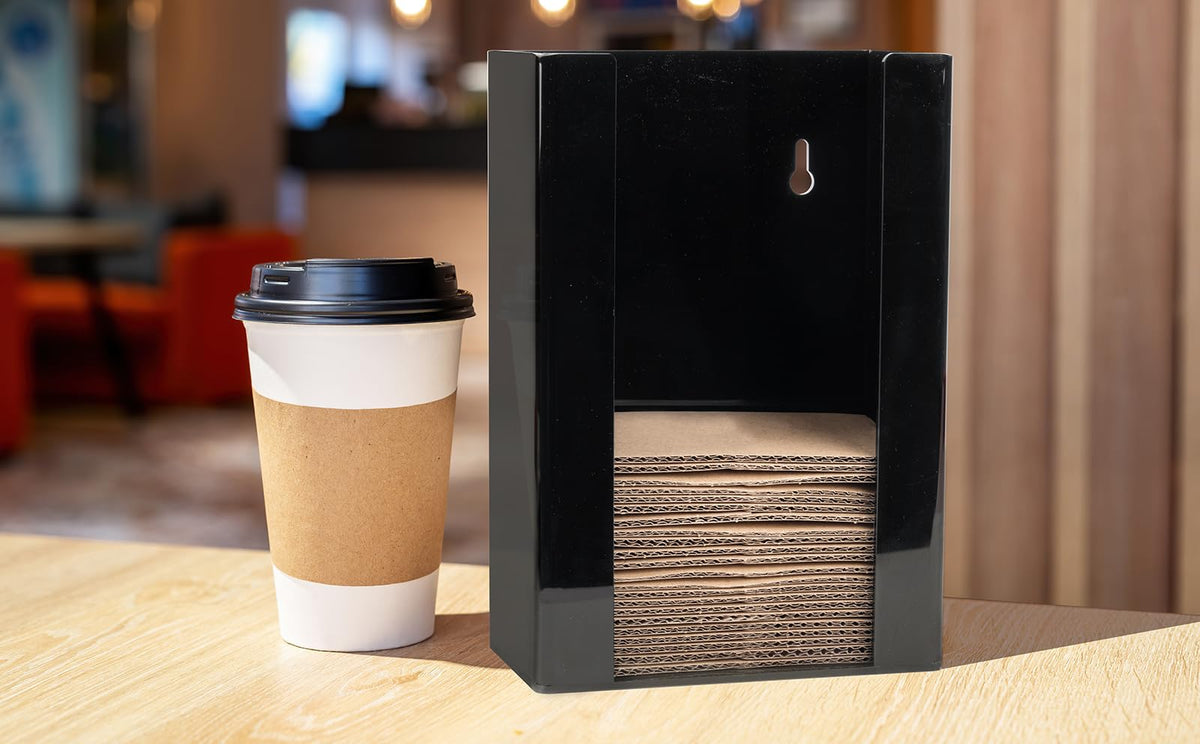 Inevibe Coffee Cup Sleeve Holder - Hot Collar Jacket Organizer for Bulk Storage, Black Vertical Dispenser for Coffee Clutches at Home or Restaurant, Countertop or Wall Mount