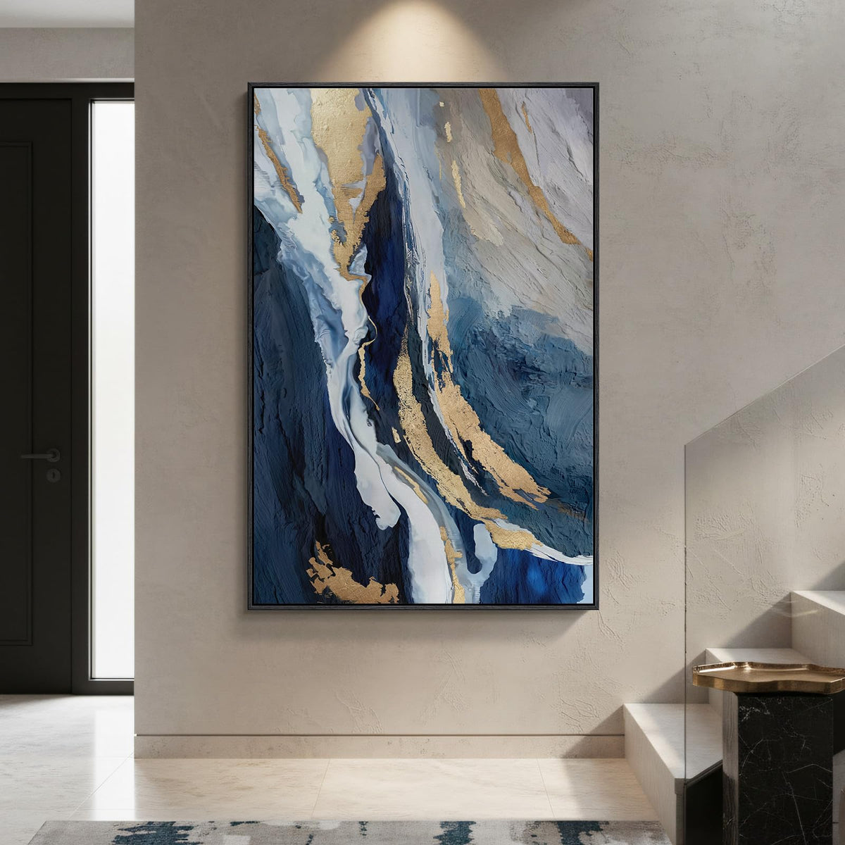 Extra Large Framed Blue Abstract Wall Art for Living Room, 40x60 In Oversized Blue and Gold Modern Canvas Prints Paintings, Big Vertical Navy Blue Pictures for Hallway Dining Bedroom Office Wall Decor