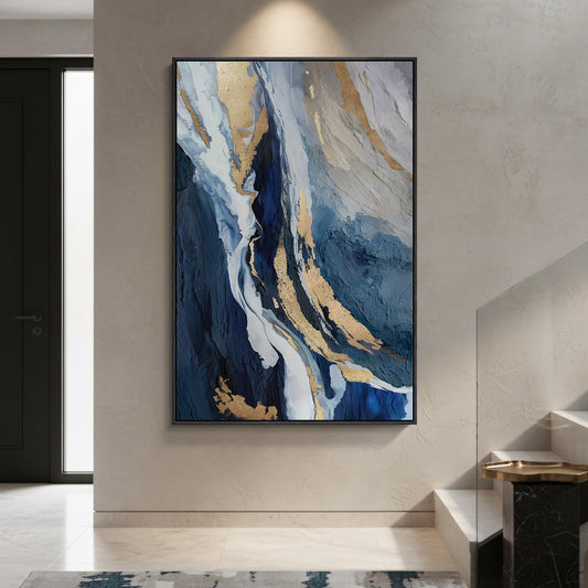Extra Large Framed Blue Abstract Wall Art for Living Room, 40x60 In Oversized Blue and Gold Modern Canvas Prints Paintings, Big Vertical Navy Blue Pictures for Hallway Dining Bedroom Office Wall Decor