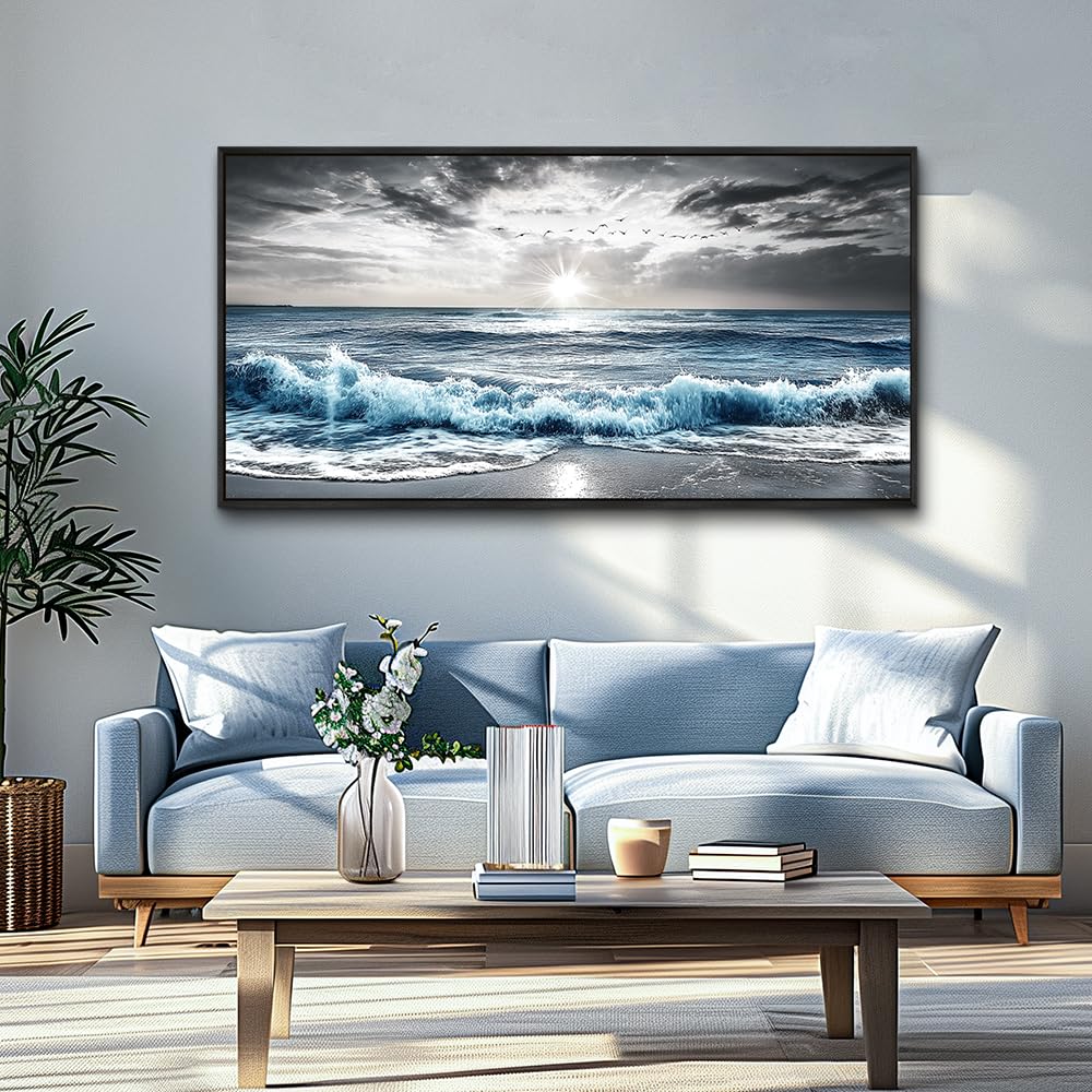 KELIYUAN Wall Decor For Living Room Canvas Wall Art For Bedroom Office Black And White Pictures Beach Wave Scenery Murals Artwork For Modern Stretched and Framed Beach Posters Home Decor 20"X40"