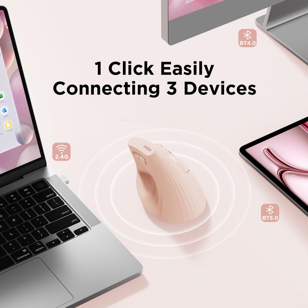 Uineer Ergonomic Wireless Mouse Pink,Bluetooth Vertical Mouse with BT5.0/4.0/2.4G, Rechargeable with Battery Indicator,Ergonomic Design for Comfort and Reduced Wrist Strain for Home,Office Use Pink