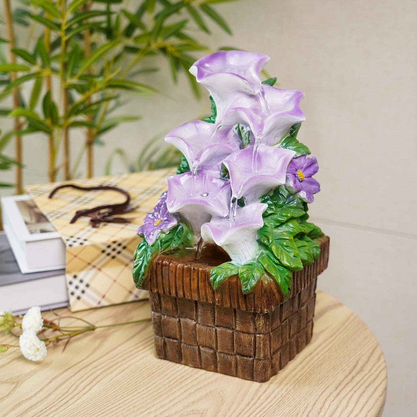 WZAPPKEW Tabletop Water Fountain Purple Water Fountains Indoor Morning Glory Themed Lavender Desk Fountain with Light for Home Heavenly Blue Zen Water Fountain for Room Relaxation Meditation(Lavender)