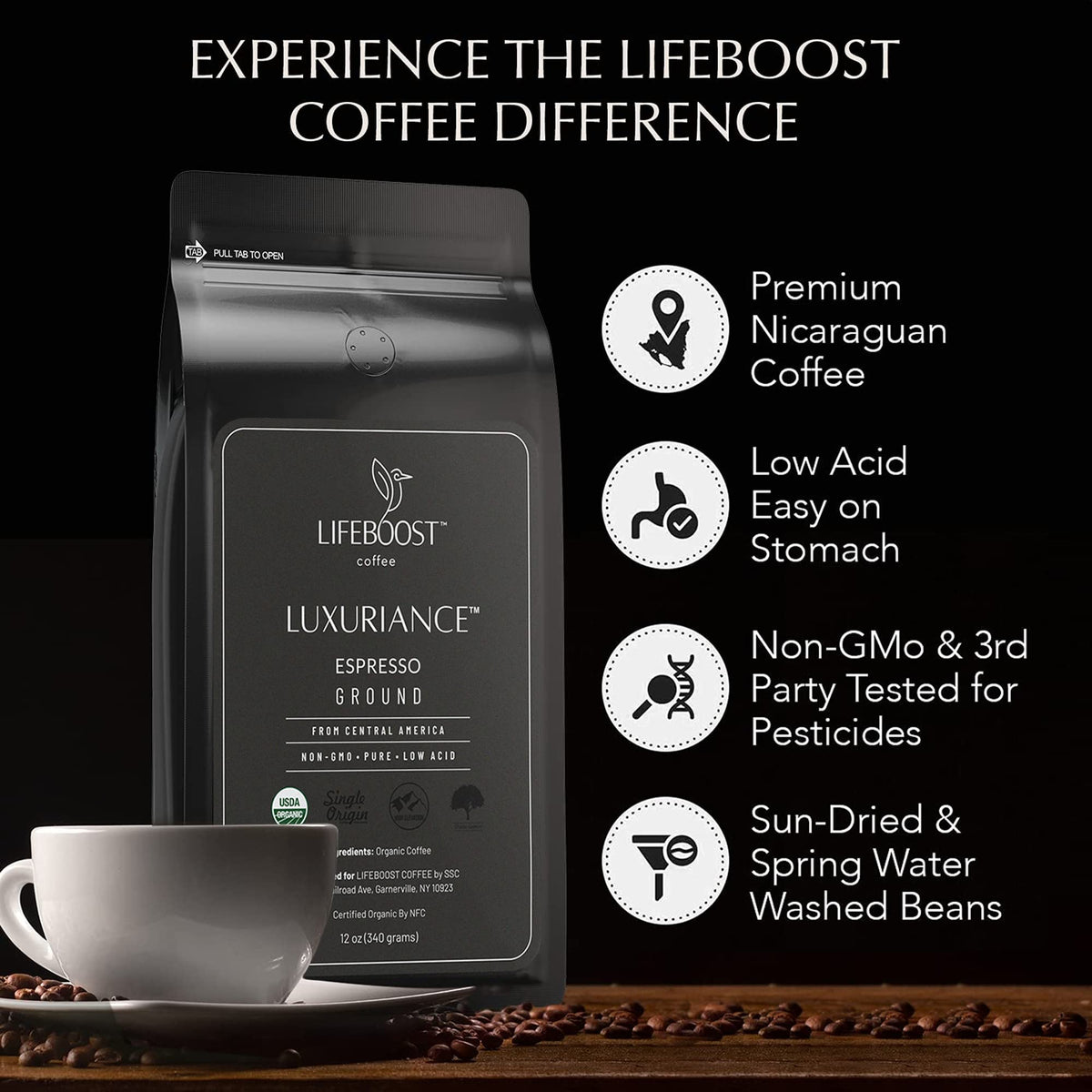 Lifeboost Organic Espresso Ground Coffee - Non-GMO Low Acid Single Origin USDA Shade Grown Organic Espresso Coffee - Third Party Tested For Mycotoxins & Pesticides 12oz Bag