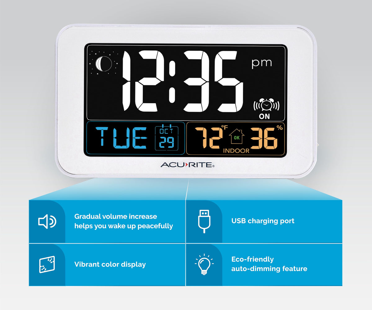 AcuRite Intelli-Time Digital Alarm Clock for Bedroom with USB Charger, Indoor Temperature and Humidity for Heavy Sleepers (13040CA)