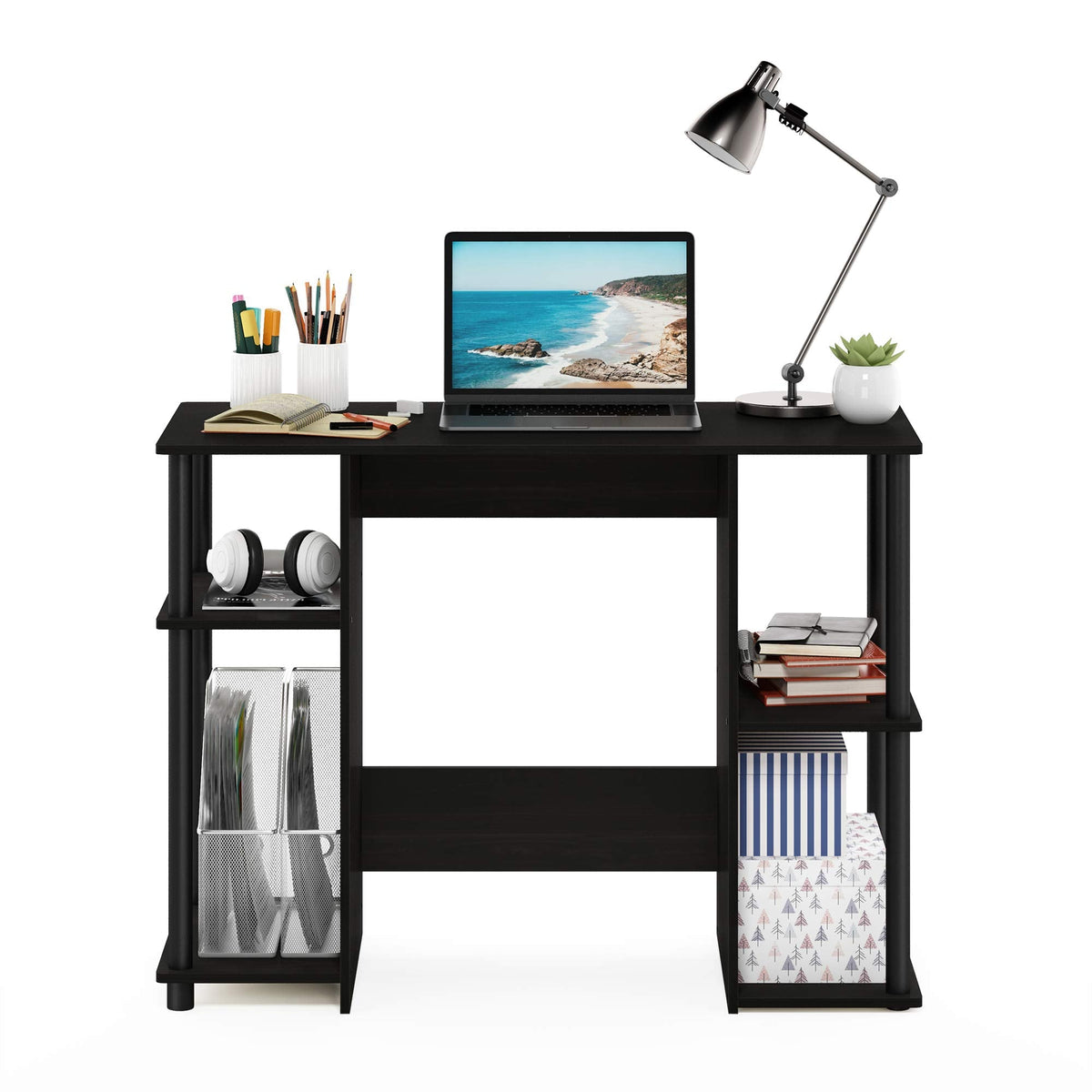 Furinno JAYA Desk, 38.4" Wide Gaming Desk, Computer Study Desk, Office Desk with Side Shelves, Open Storage, for Home Office, Bedroom, Dorm, Study Room, Espresso