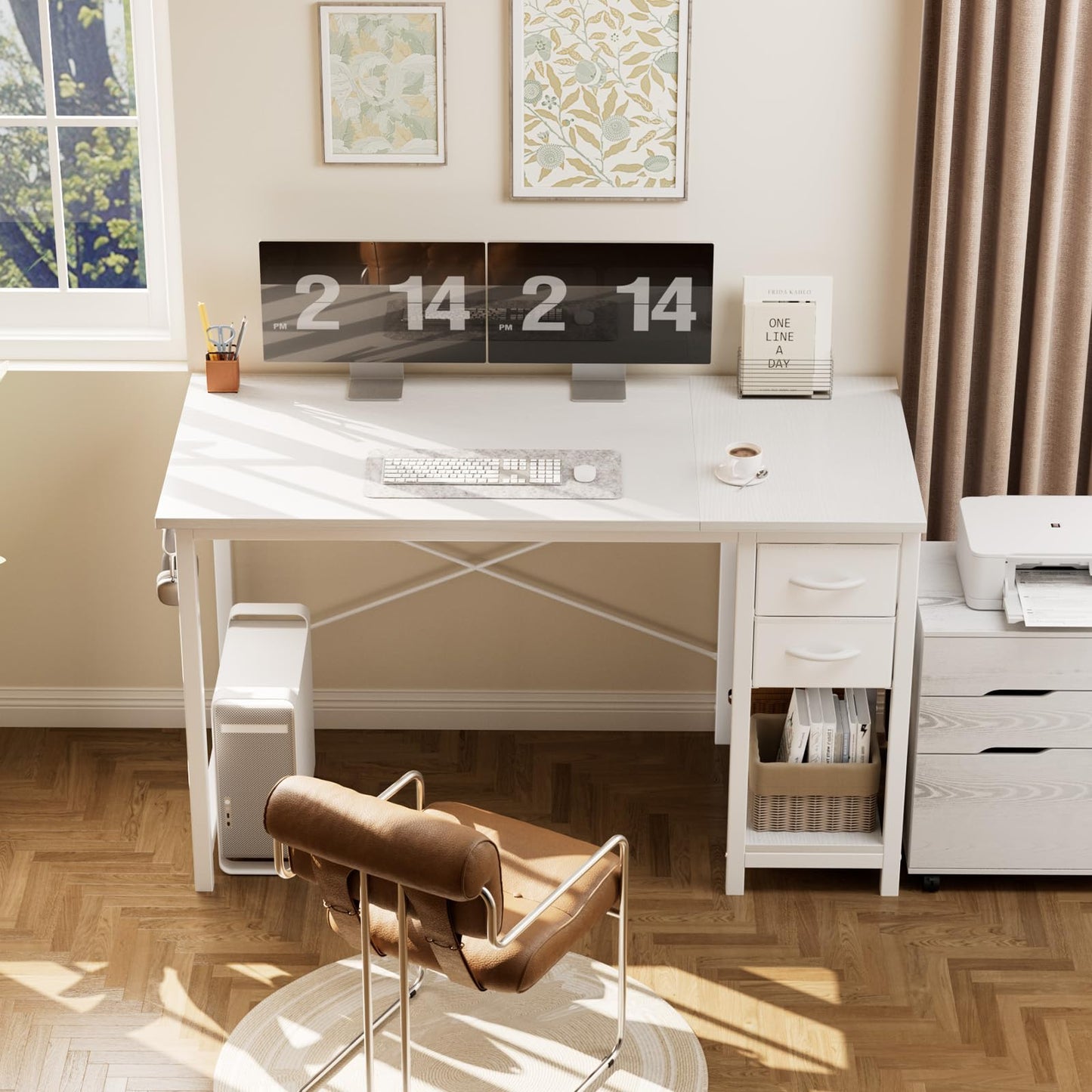 Sweetcrispy 47 Inch Computer Desk with Drawers, Home Office Gaming Desk with X-Shaped Reinforcement, Modern Wood Study Work Table with Side Hook, White