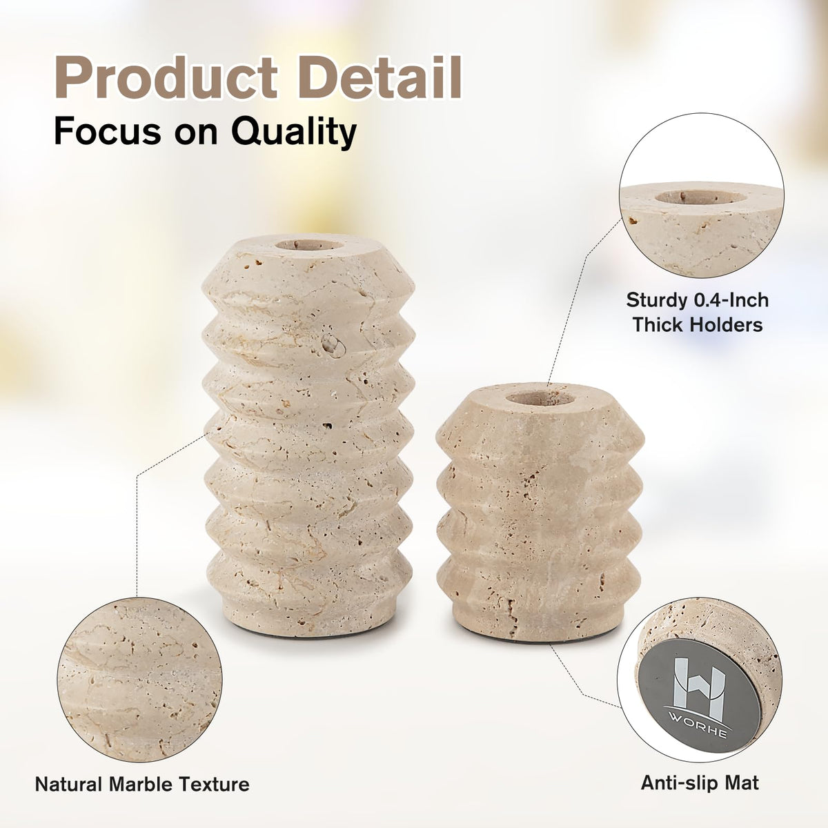 WORHE Candle Holders True Natural Travertine Stone 0.4" Thick, Set of 2 Premium Marble Candlestick Holder for Wedding Dinning Party, Candle Stand for 3/4 inch Thick Candles Color White (ZT002)