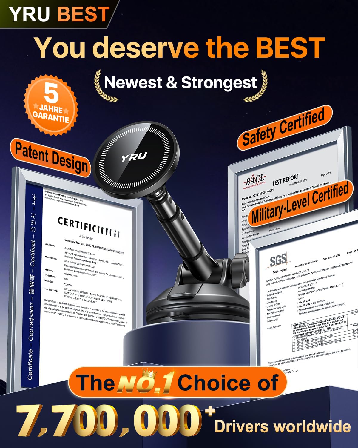 YRU Upgraded Magnetic Phone Holder Car【Patented & Super Magnet】 for MagSafe Mount Dashboard Windshield Vent Magnet Phone Cradle Stand for iPhone 17 16 15 14 13 12 Pro Max Samsung Truck, Black