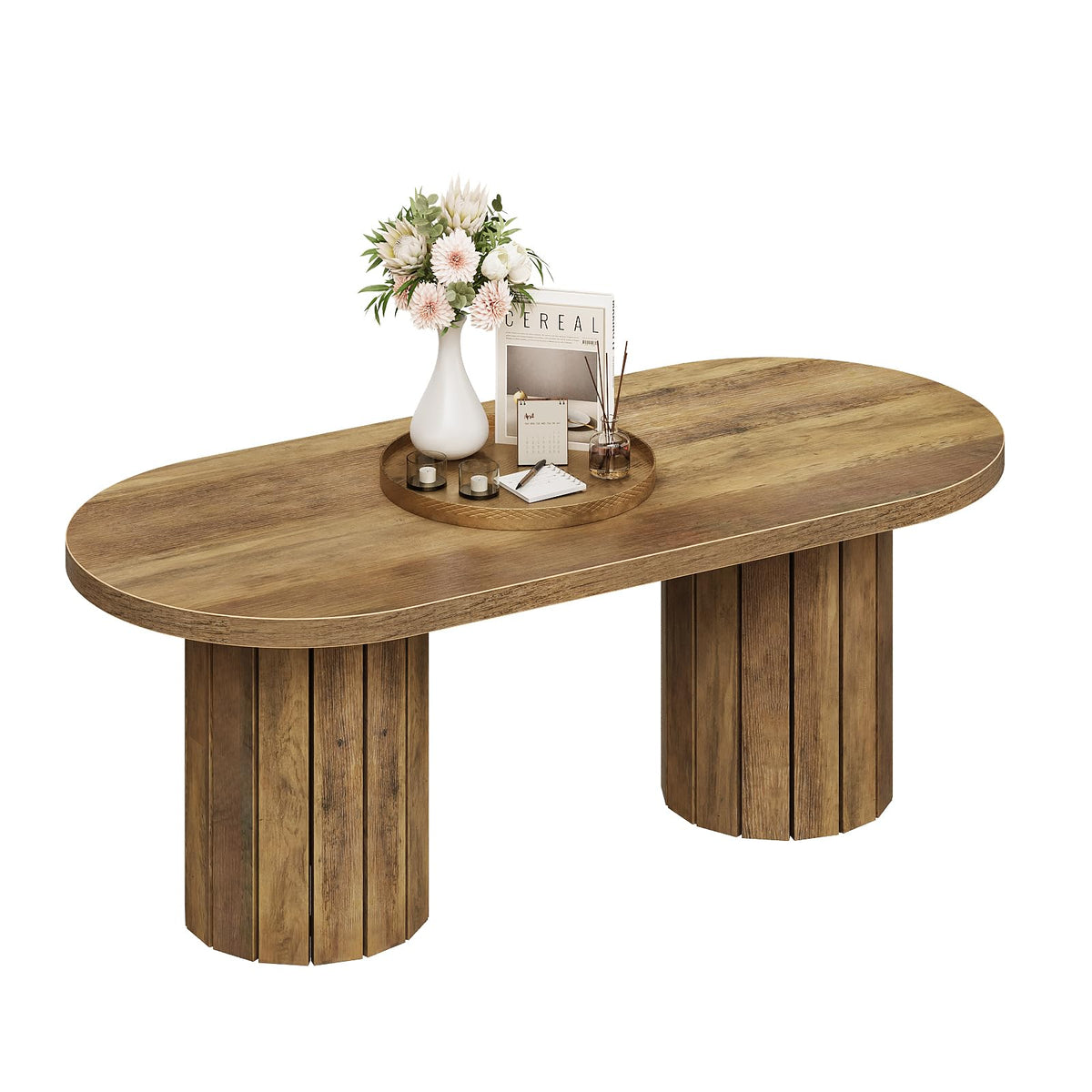 Tohomeor Oval Coffee Table, 43.3" Farmhouse Wooden Coffee Table with Fluted Legs, Mid-Century Modern Accent Center Table with for Living Room or Home Office, Retro Brown