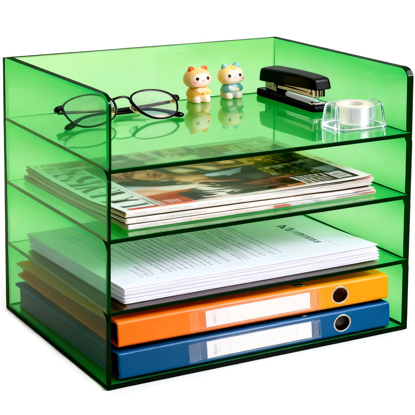 Gelite Acrylic File Organizer for Desk 4 Tiered Stackable Letter Tray Office Paper Storage Desktop Document Sorter, Emerald Green