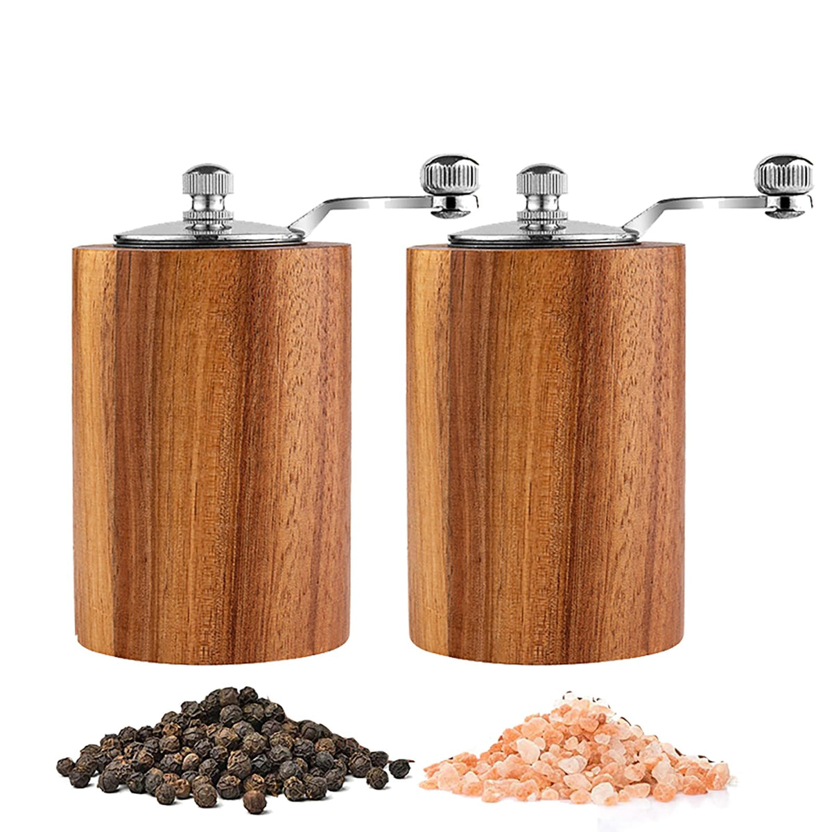 Acacia Wood Salt and Pepper Grinder Mills Sets,Wooden Shakers with Adjustable Ceramic Core,Classic Manual Salt Grinder Refillable Pepper Mill Set with a Gear Crank System for kitchen Spice