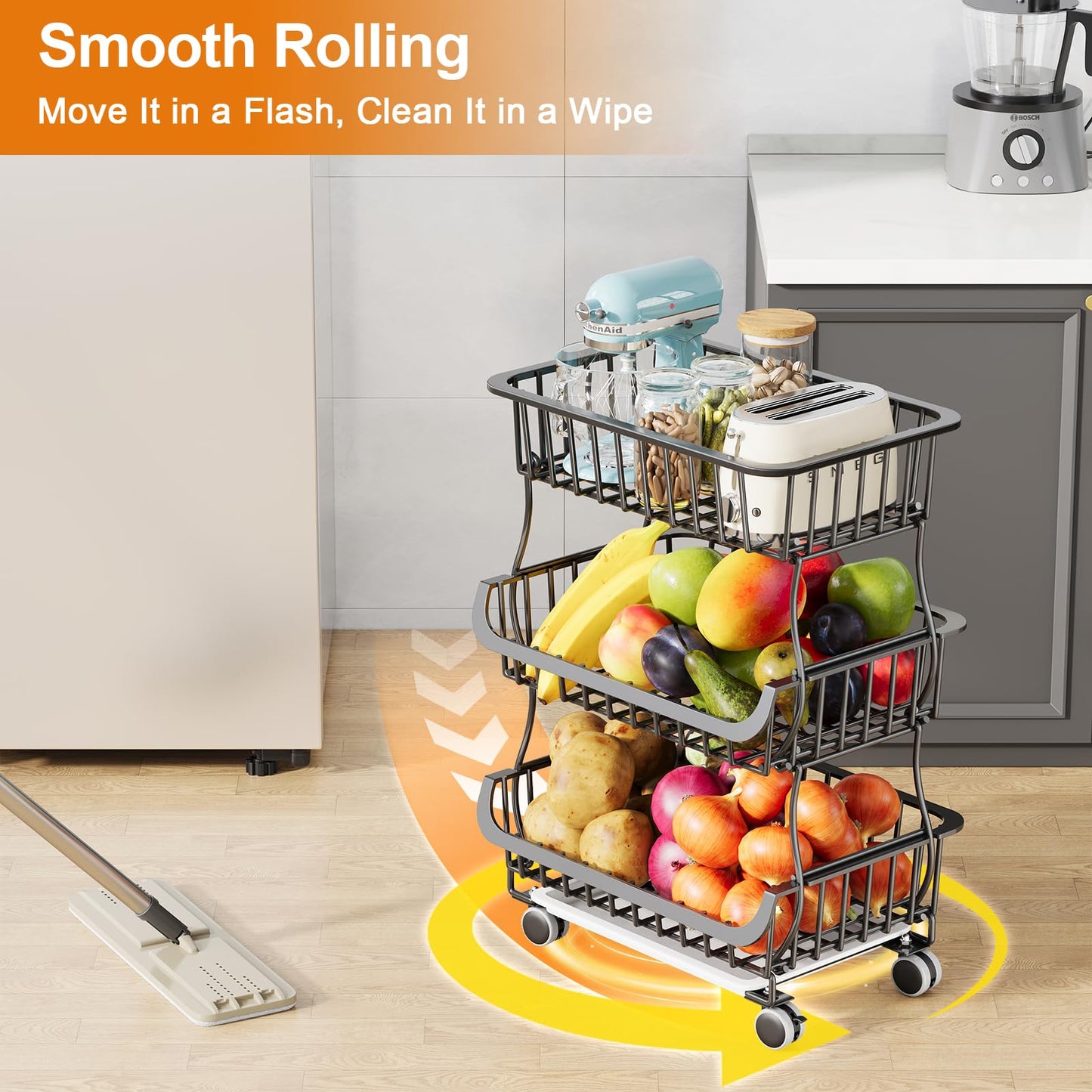 3 Tier Rolling Pantry Floor Organizers and Storage Cart with Wheels, Stackable Wire Fruit Basket Stand for Kitchen Organization, Three Tiered Pantry Storage Rack for Snack, Vegetable, Produce, Fruits