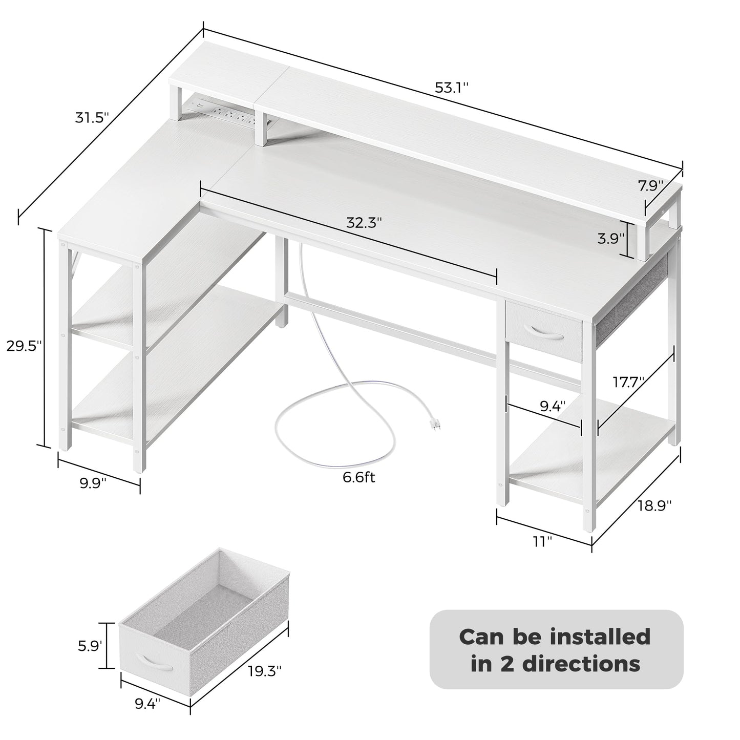 SUPERJARE 53 inch Reversible L Shaped Desk with LED Lights & Power Outlets, Computer Desk with Shelves & Monitor Stand, Gaming Desk with Drawer, Home Office Desk Corner Desk, PU White Drawer