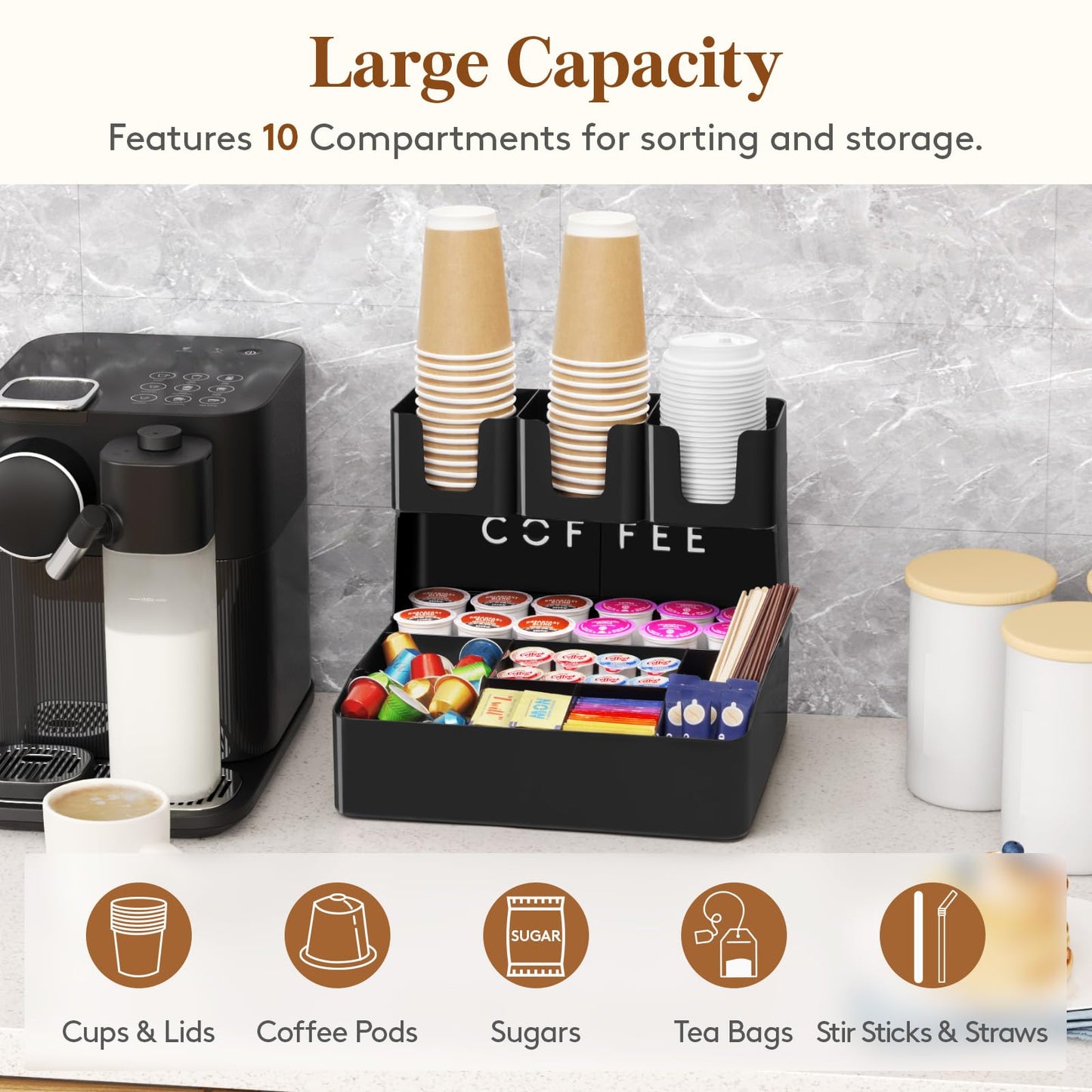 Lifewit 2-tier Coffee Station Organizer Caddy for Countertop, 10 Compartments Coffee Bar Organizers for Cups, Pods, Sugar, Compact Condiment Holders Storage for Office Breakroom Kitchen Home Black