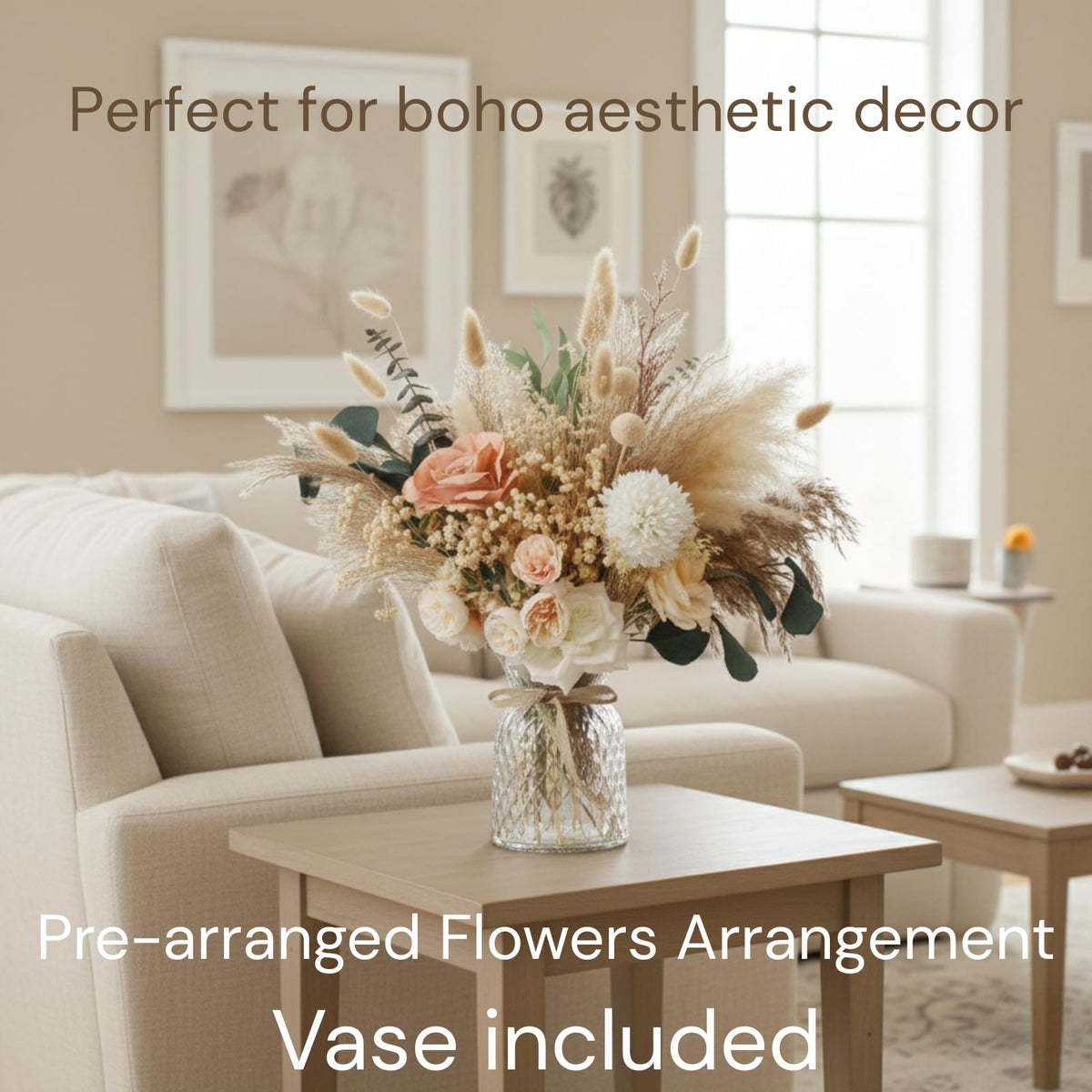 Luxury Floral Arrangement with Vase - Pampas Grass & Artificial Flowers for Kitchen Island, High End Centerpiece Decor, Coffee Table & Dining Table, Farmhouse Boho Home Decor with Dried Flowers
