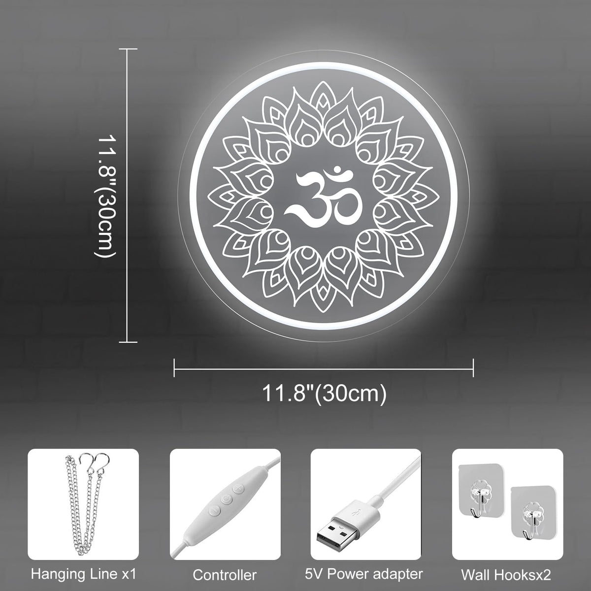 Om Mandala Neon Sign, 11.8″ × 11.8″ White Om Buddha Led Wall Light, Yoga Decor, Meditation Room Sign, Buddha Symbol Gift, Yoga Studio, Pilates Studio Wall Art
