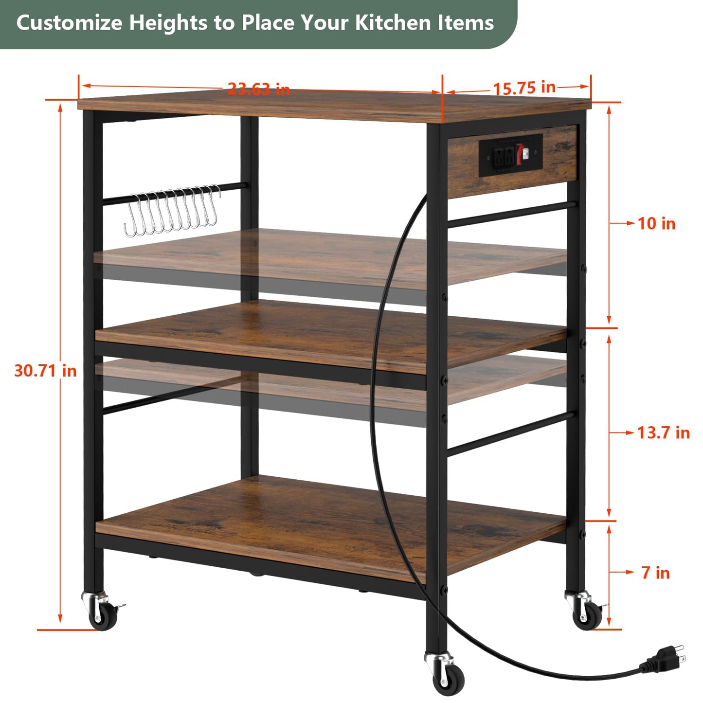 Bakers Rack with Power Outlet Kitchen Microwave Stand Cart 3 Tier Coffee Bar Table Kitchen Storage Shelf Rack with 10 S-Shaped Hooks for Living Room Dining Room Office Brown