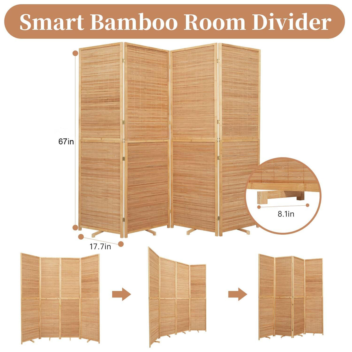 Room Divider Folding Privacy Screens, Hand-Made 67'' High Bamboo Room Dividers Freestanding 2-in-1 Multifunction 4 Panel Wall Divider for Room Separation, Portable Room Partitions and Dividers