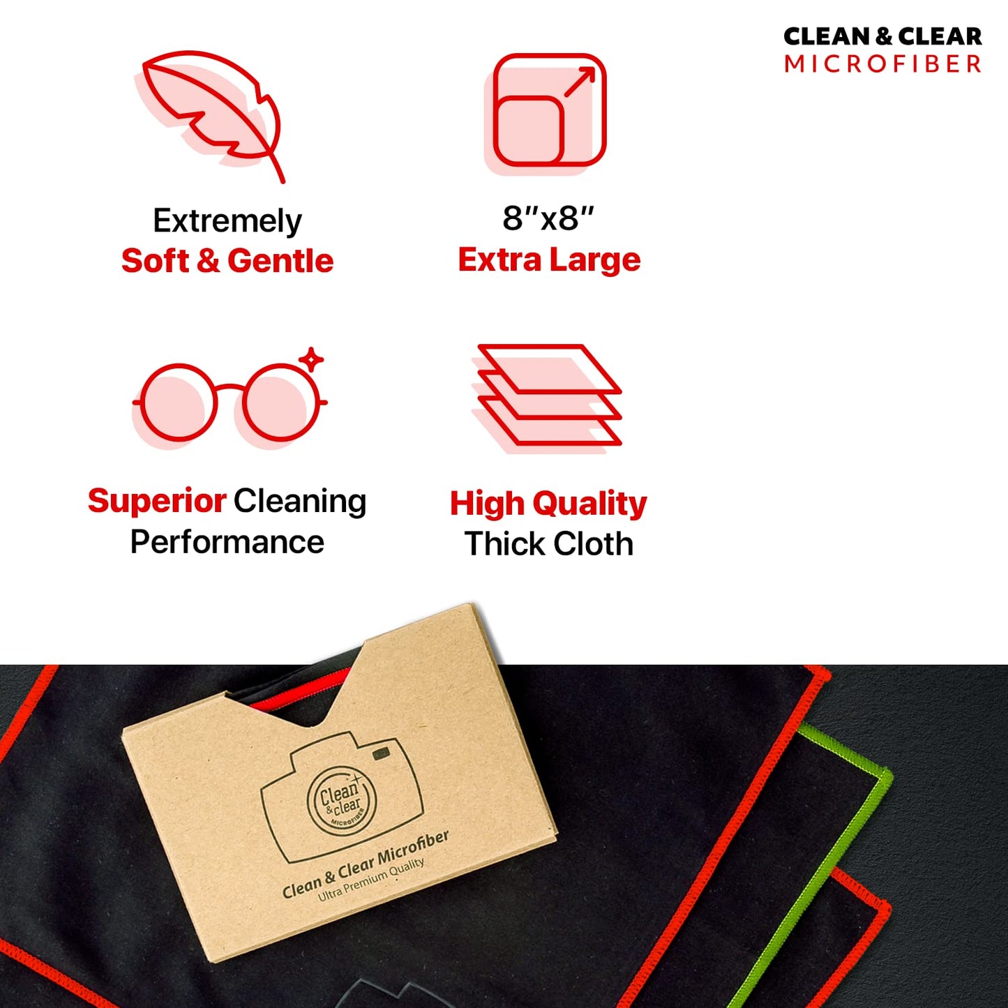 Clean & Clear Microfiber Cleaning Cloth, EXTRA LARGE [8 Pack] ULTRA PREMIUM Microfiber Cleaning Cloth - Microfiber Cloth for Camera Lens, Glasses, Screens, and all Lens.