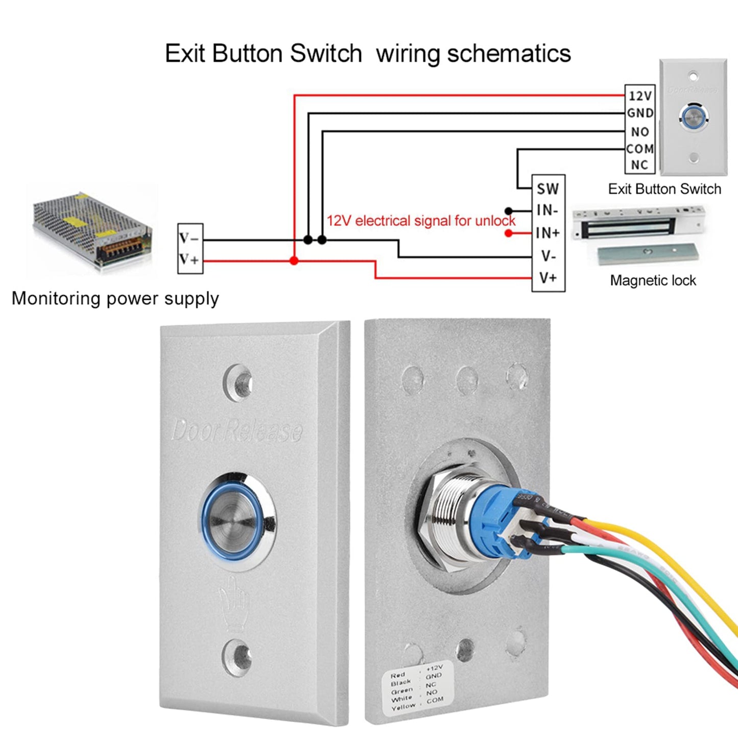 Access Control Button, Aluminum Exit Push Button Switch with LED Indicator Light for Access Control System, Metal Door Release Switch for Hollow Door Office Home Security