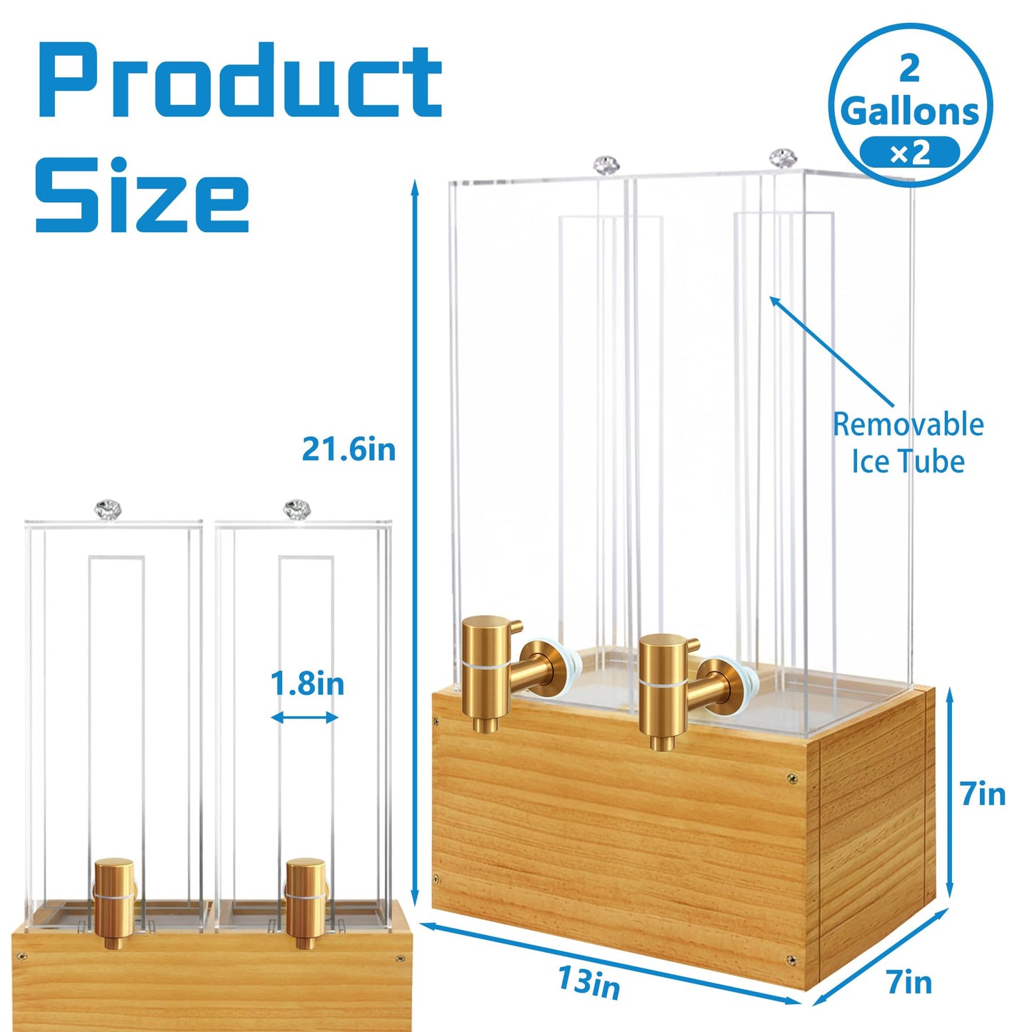 2 Pack 2 Gallon Drink Dispenser, Large Drink Dispenser with Wood Stand, Beverage Dispenser with Ice Core and Airtight Valve, Drink Dispensers for Parties