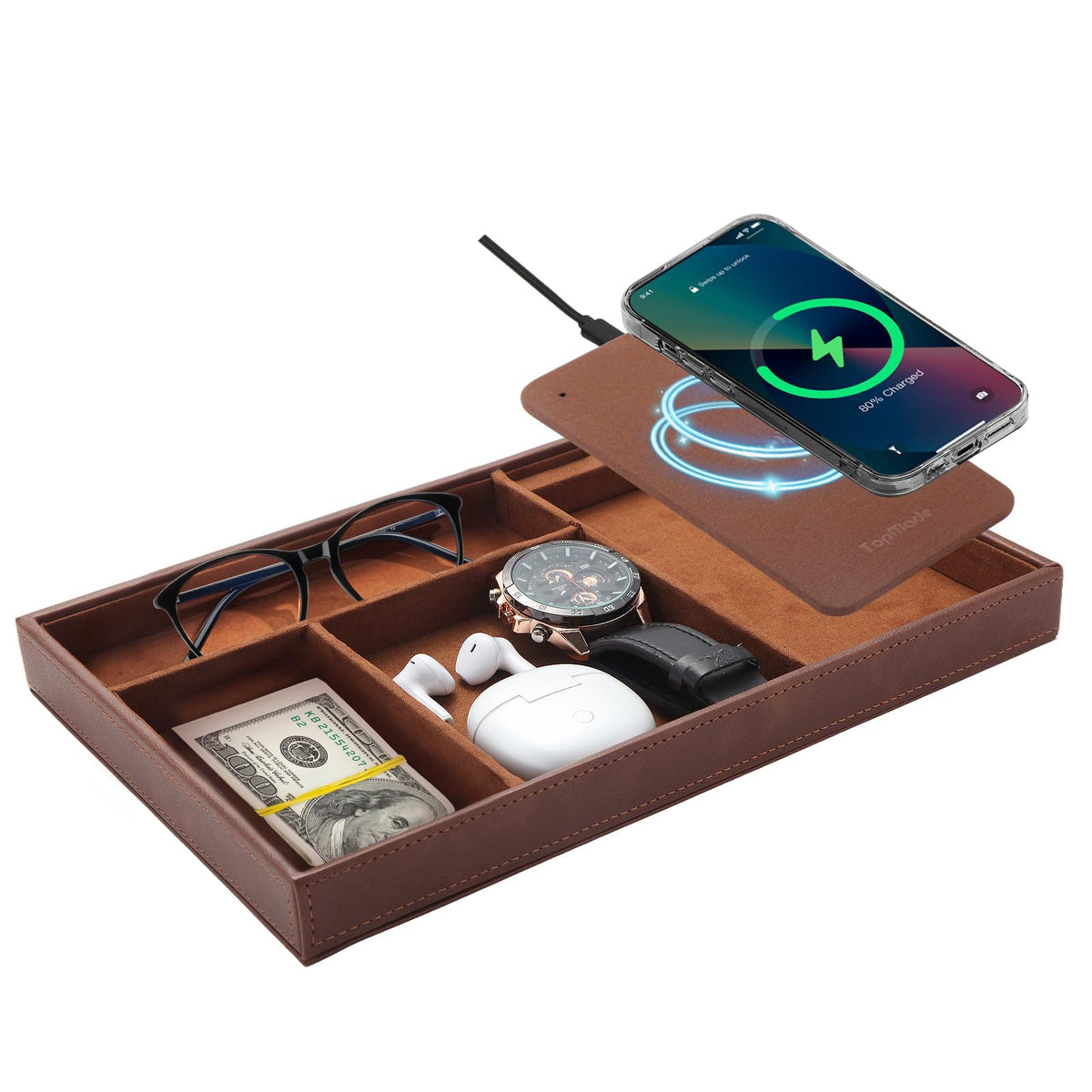 TopMade Valet Tray with Wireless Charging Pad Nightstand Organizer, Leather Desktop Storage Dresser Organizer Charging Station, Jewelry Box Catchall Bedside Vanity Tray for Men Women(Brown)